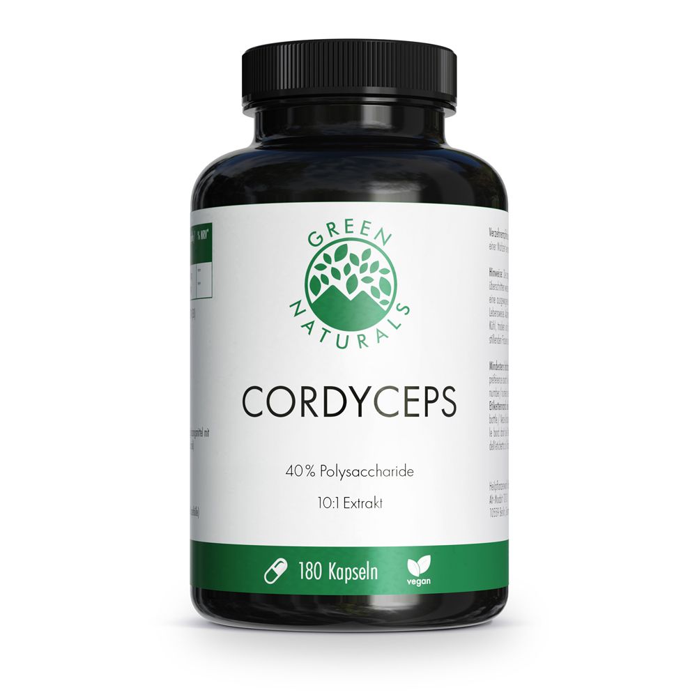 Pot noir avec étiquette verte : GREEN NATURALS Cordyceps, 180 gélules, 40% polysaccharides, extrait 10:1.