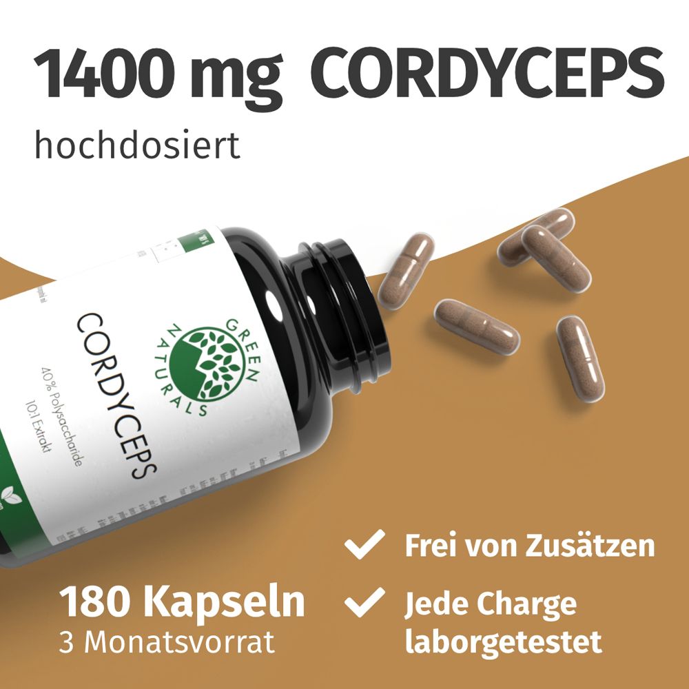 Pot avec étiquette et gélules dispersées. 1400 mg Cordyceps, 180 gélules, 3 mois d'approvisionnement, testé en laboratoire.