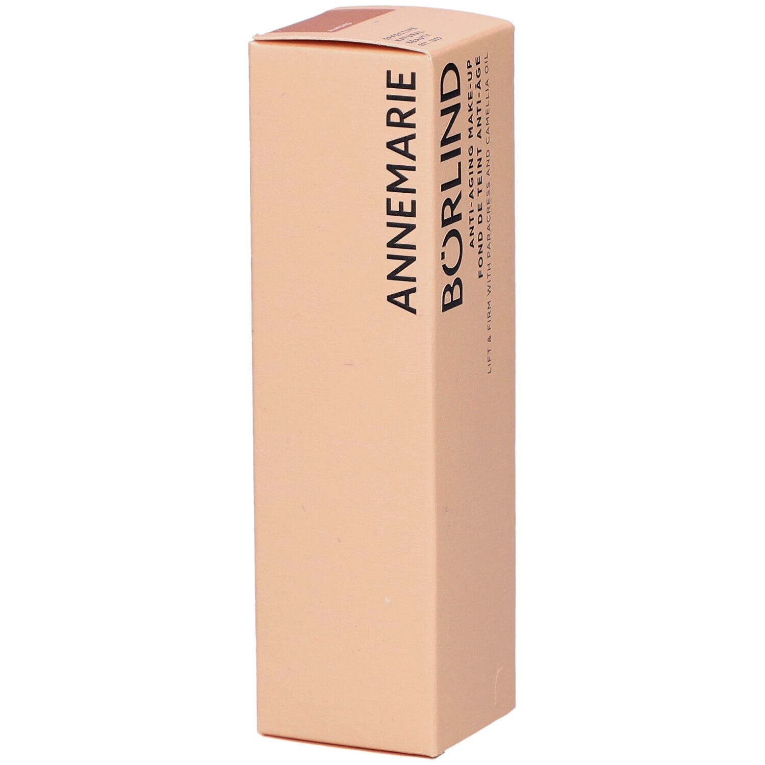 Boîte en carton beige. Inscription: ANNEMARIE BÖRLIND. Anti-Aging Make-up, Fond de Teint Anti-Âge.