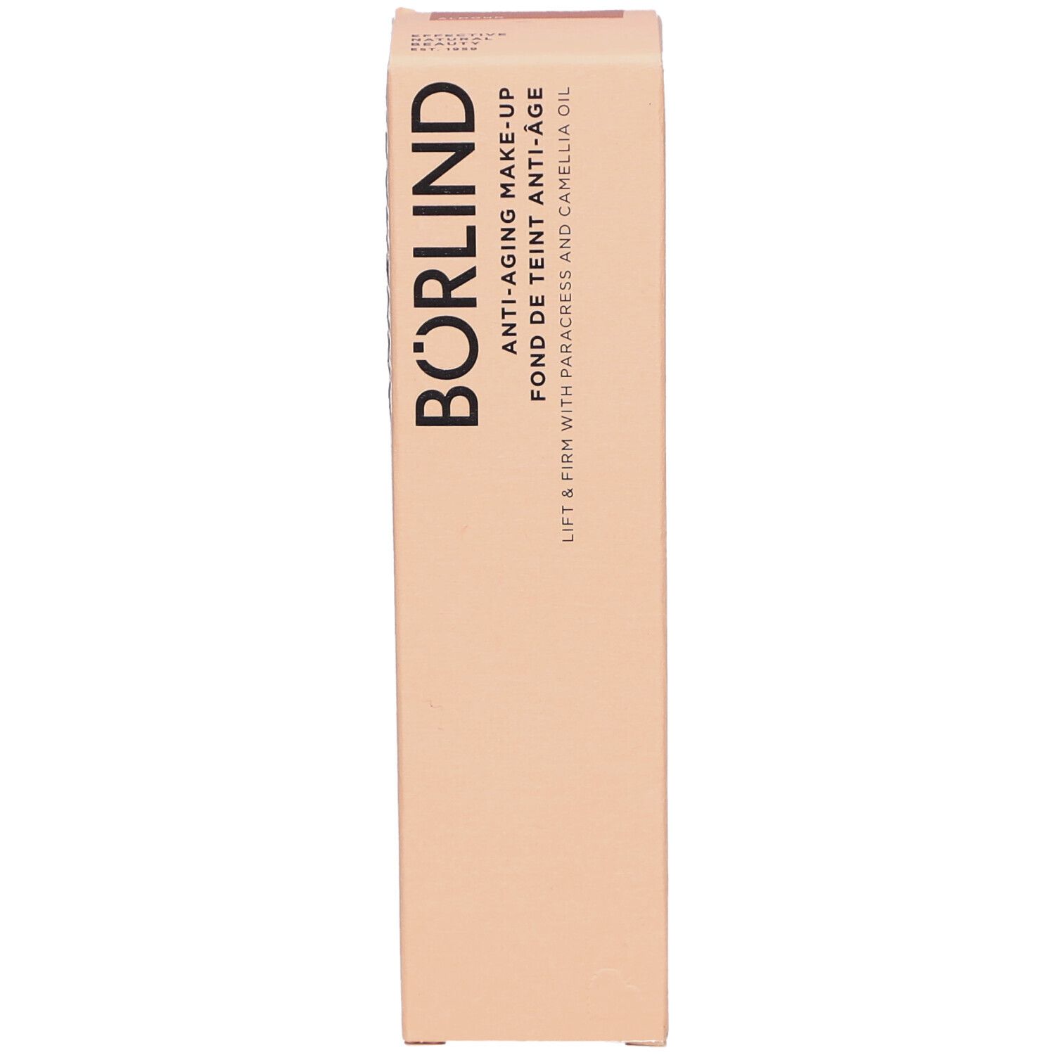 Boîte en carton beige. Inscription: BÖRLIND, Anti-Aging Make-up, Fond de Teint Anti-Âge. Avec paracress et huile de camélia.