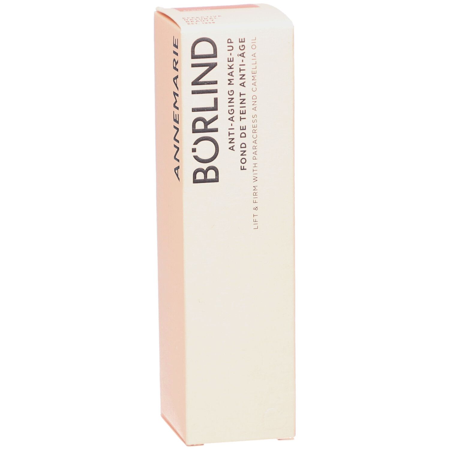 Boîte en carton beige. Inscription: BÖRLIND, Anti-Aging Make-up, Fond de Teint Anti-Âge. Avec paracress et huile de camélia.