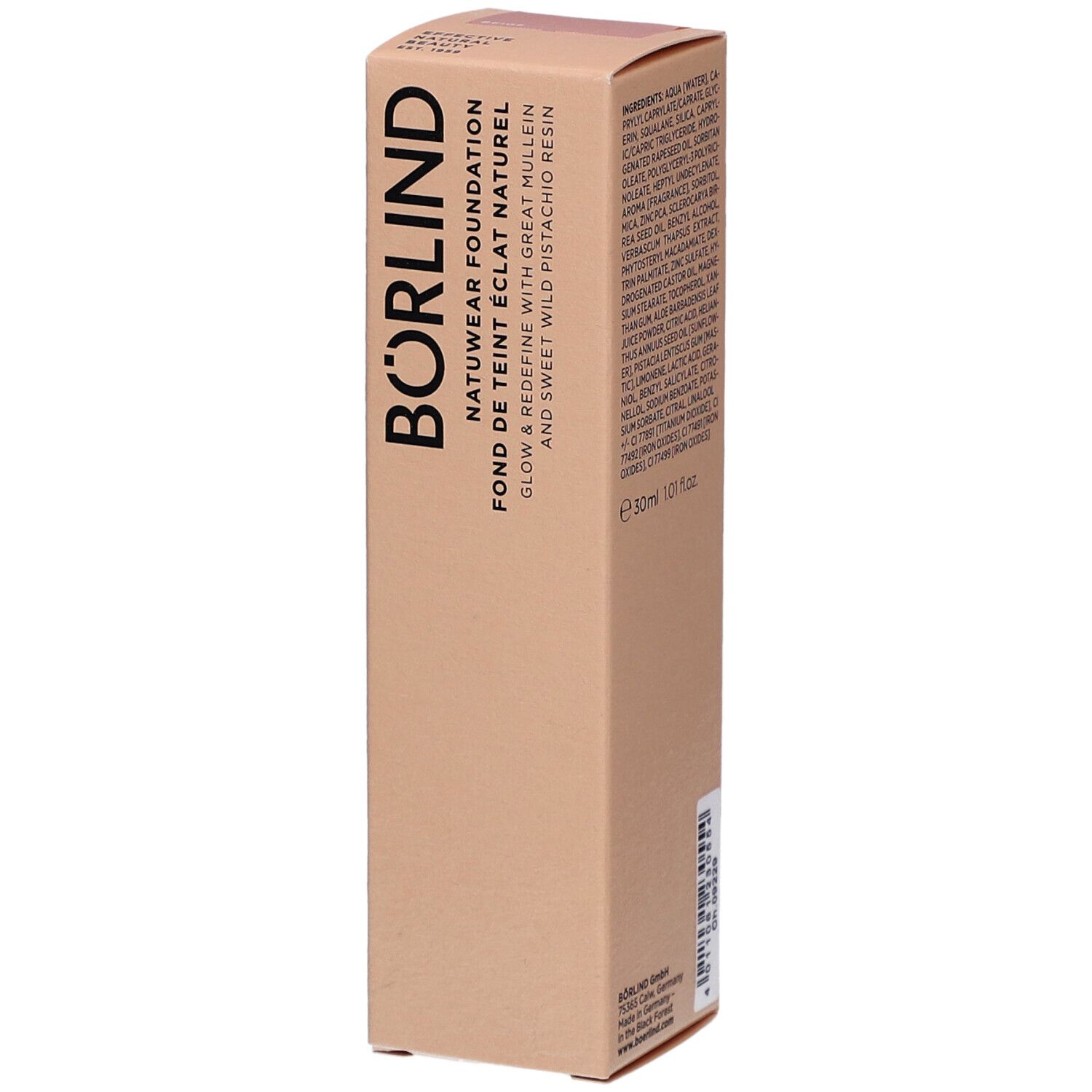 Boîte de maquillage beige. Inscriptions : BÖRLIND, NATUWEAR FOUNDATION, FOND DE TEINT ÉCLAT NATUREL. Ingrédients et volume.