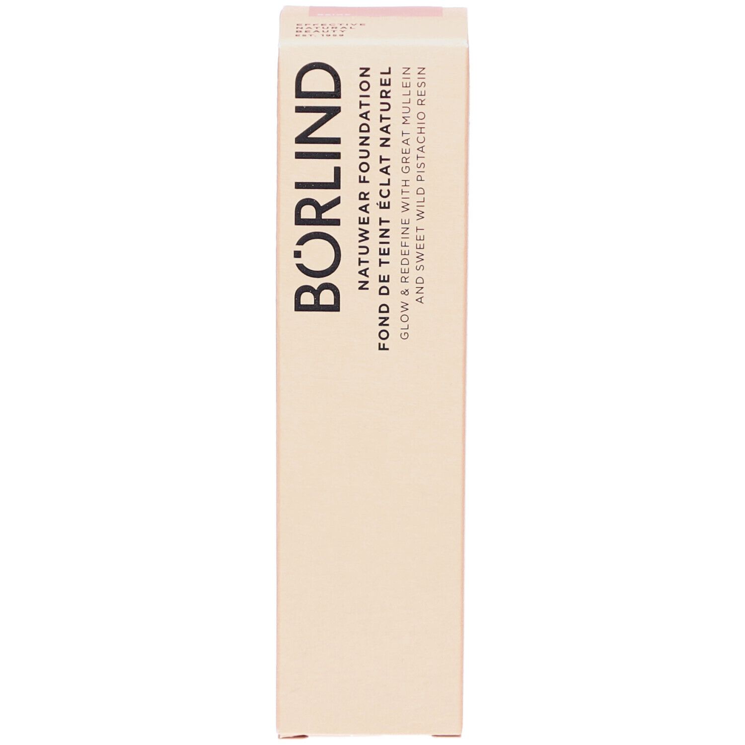 Emballage de maquillage. Inscription : BÖRLIND, NATUWEAR FOUNDATION, FOND DE TEINT ÉCLAT NATUREL. Informations sur le produit.