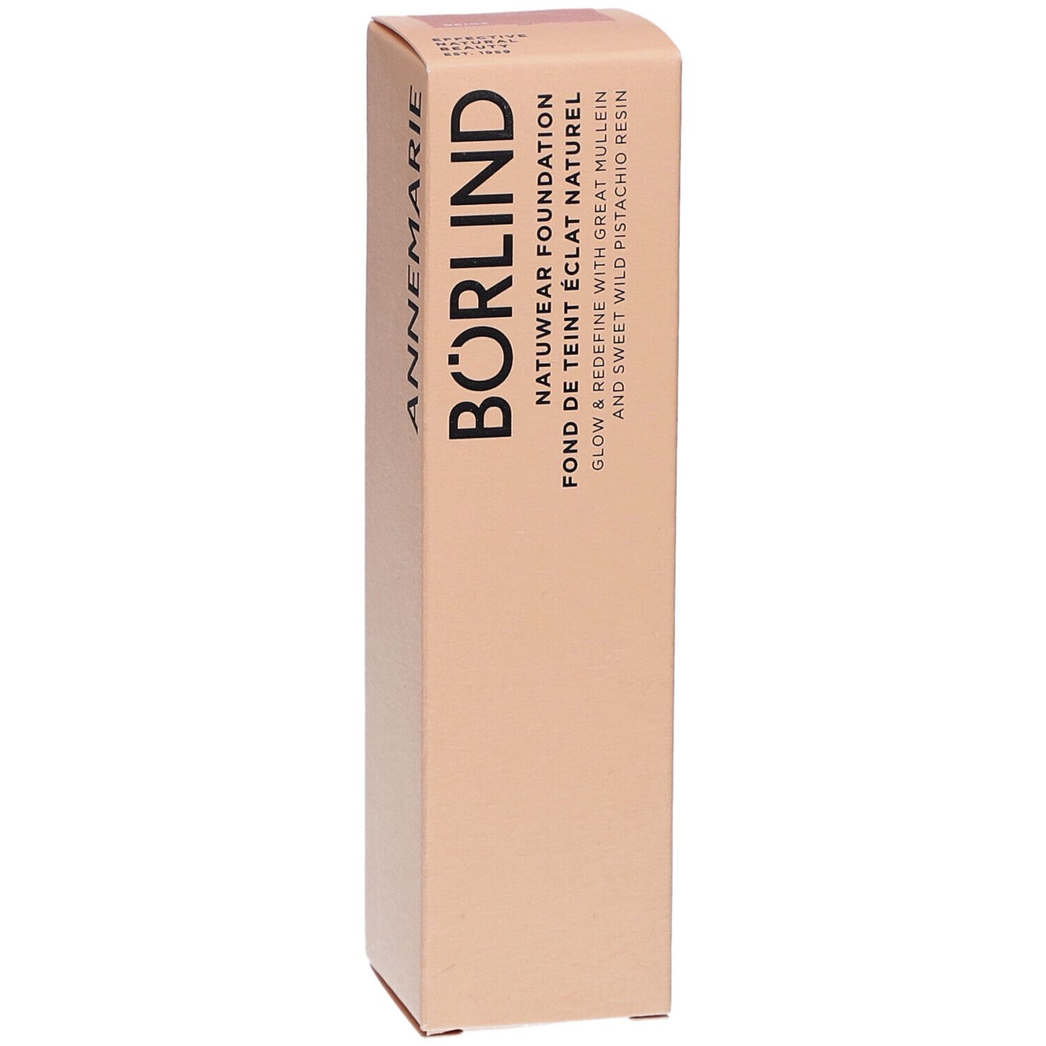 Emballage de maquillage. Inscription : ANNEMARIE BÖRLIND, NATUWEAR FOUNDATION, FOND DE TEINT ÉCLAT NATUREL. Teinte beige.