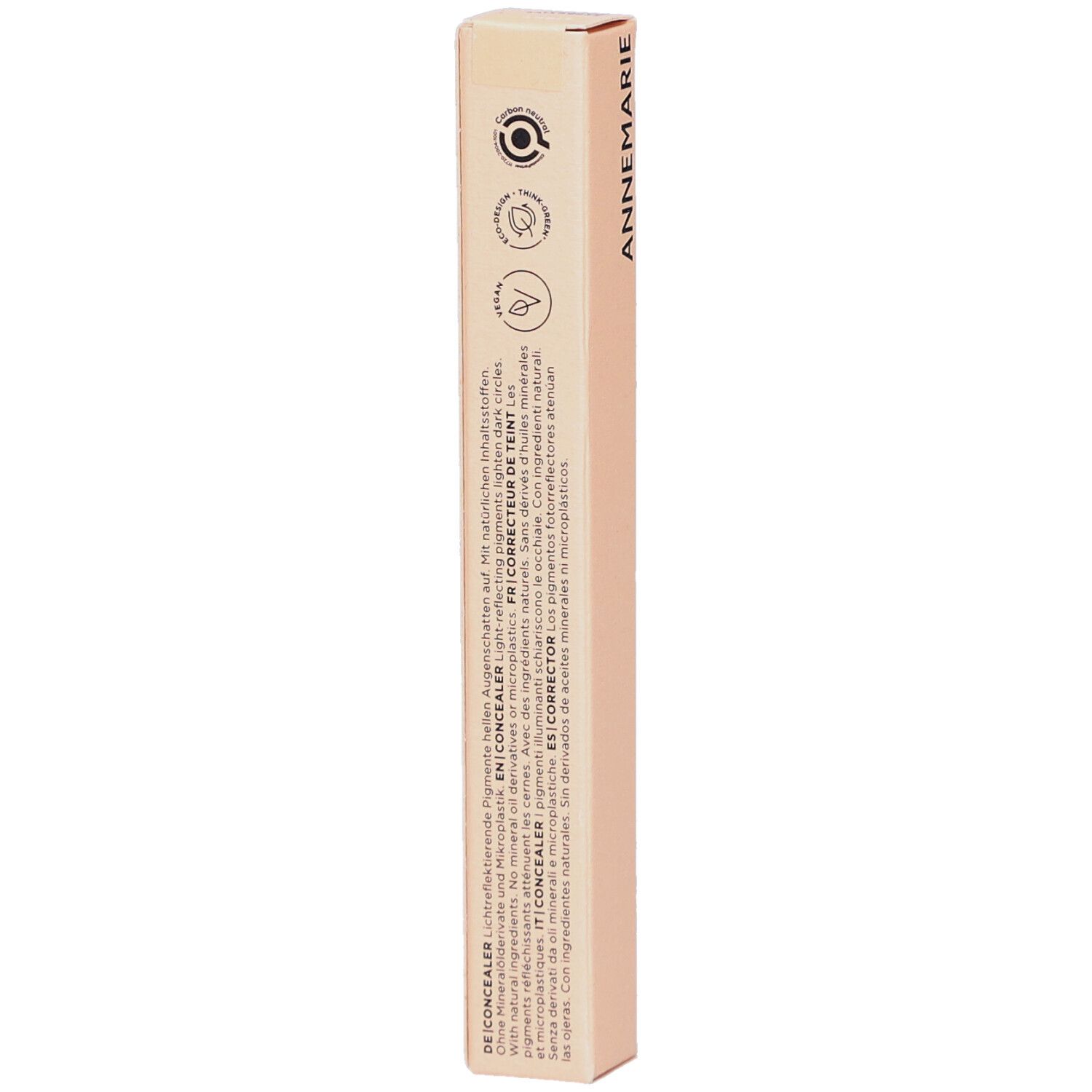 Emballage fin beige. Inscription: ANNEMARIE. Logos cosmétiques naturels. Texte multilingue.