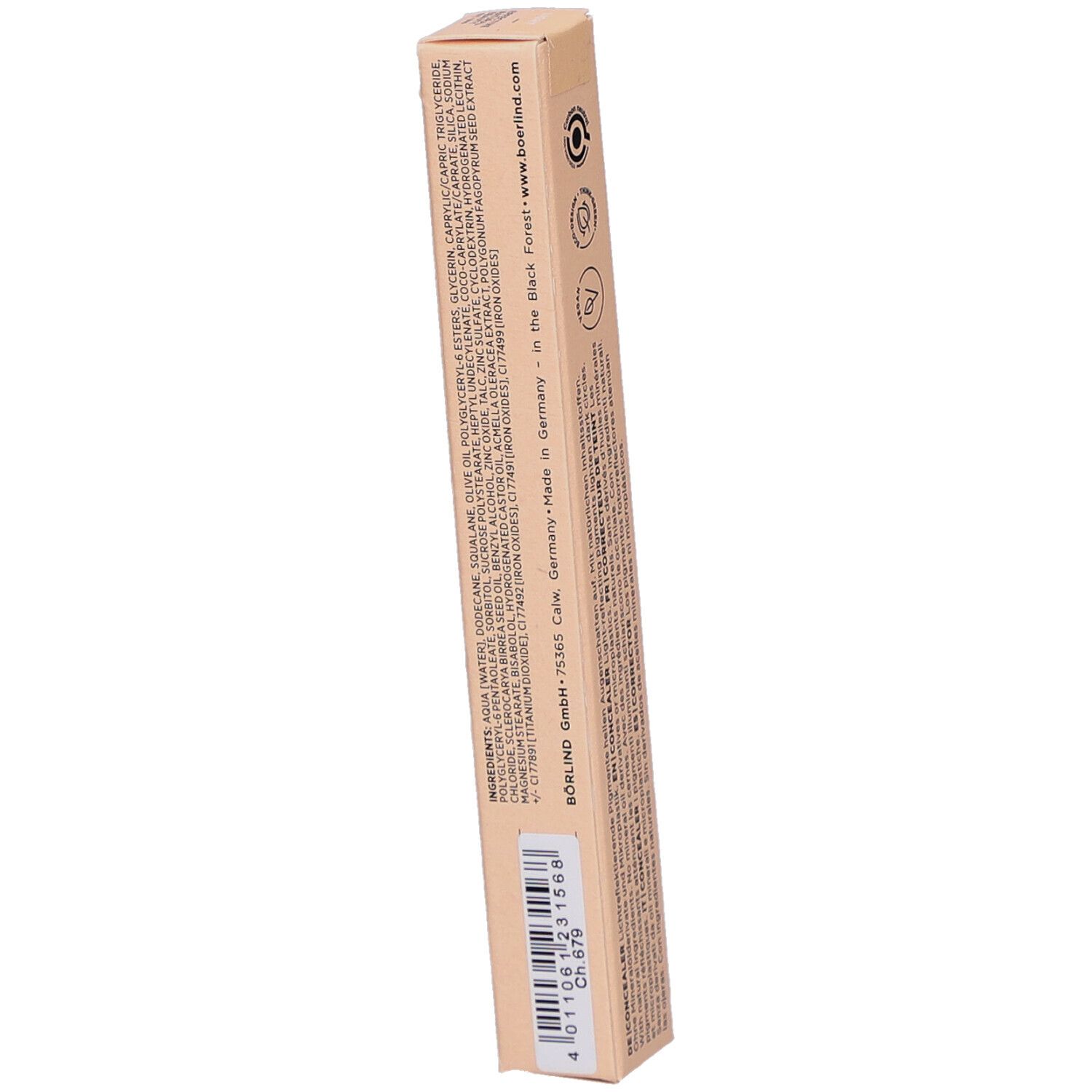 Emballage fin beige. Inscription: BÖRLIND. Ingrédients et informations fabricant. Code-barres.