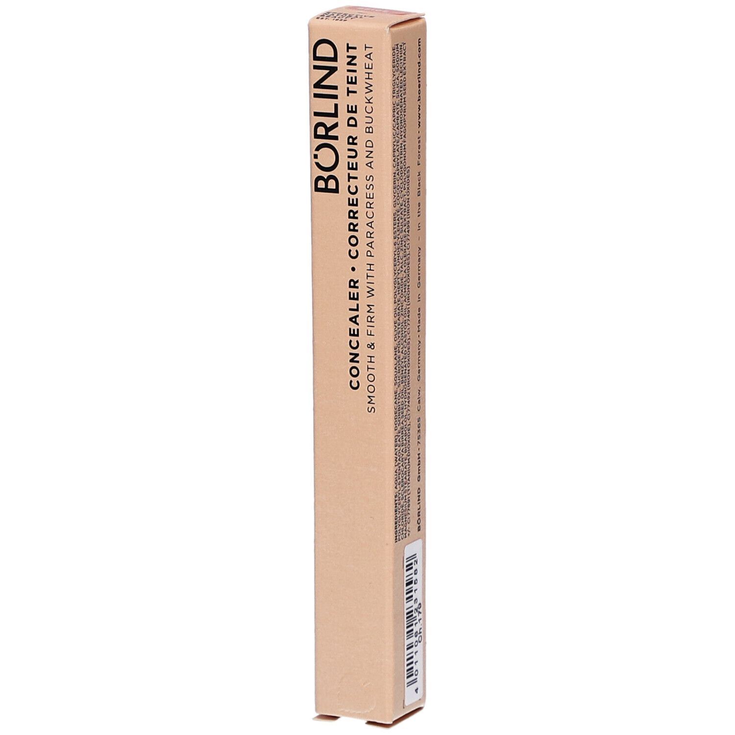 Emballage de correcteur BÖRLIND. Boîte beige allongée. Inscription : Concealer, Correcteur de teint, Smooth & Firm.