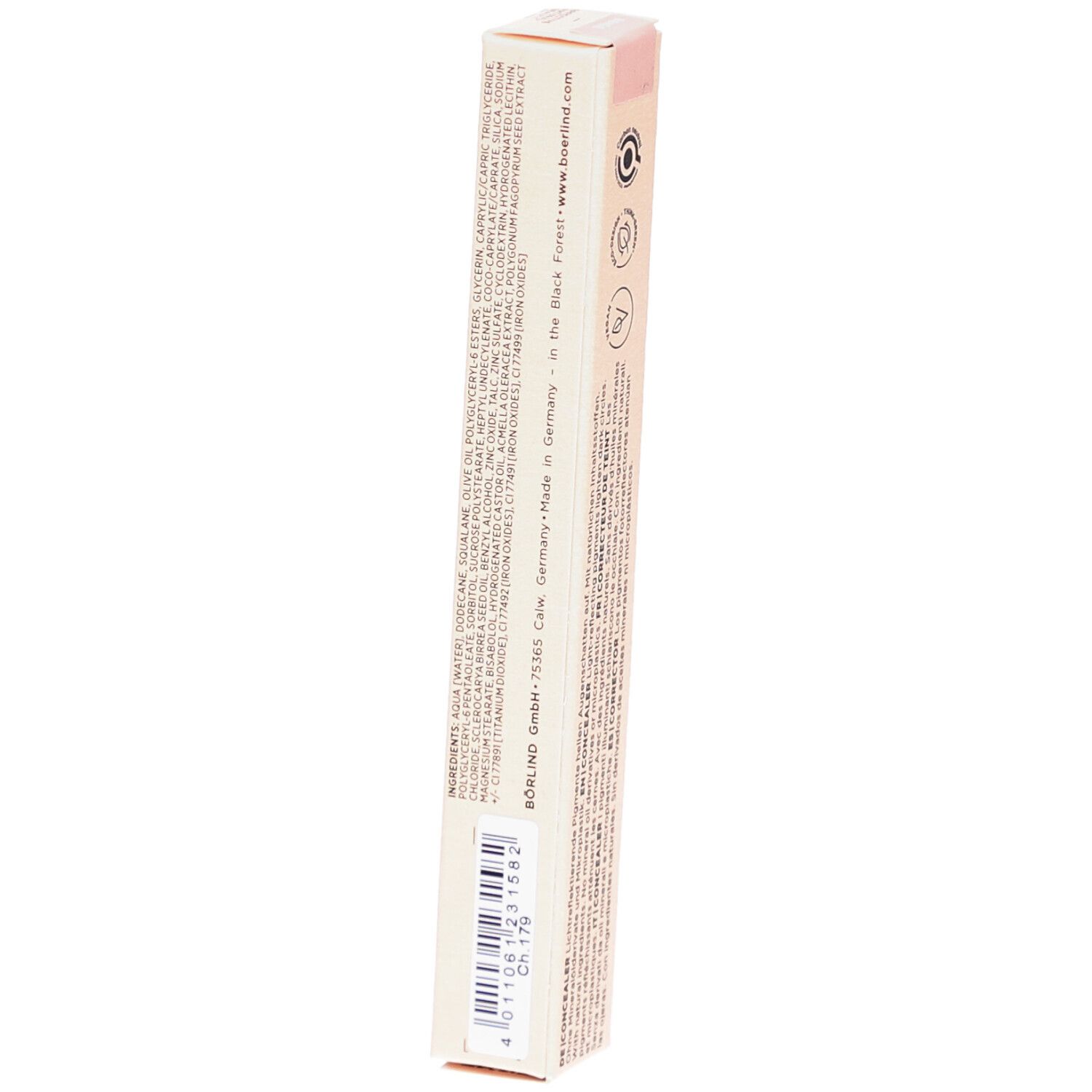 Emballage de correcteur BÖRLIND. Boîte beige allongée. Texte et code-barres au dos. Ingrédients.