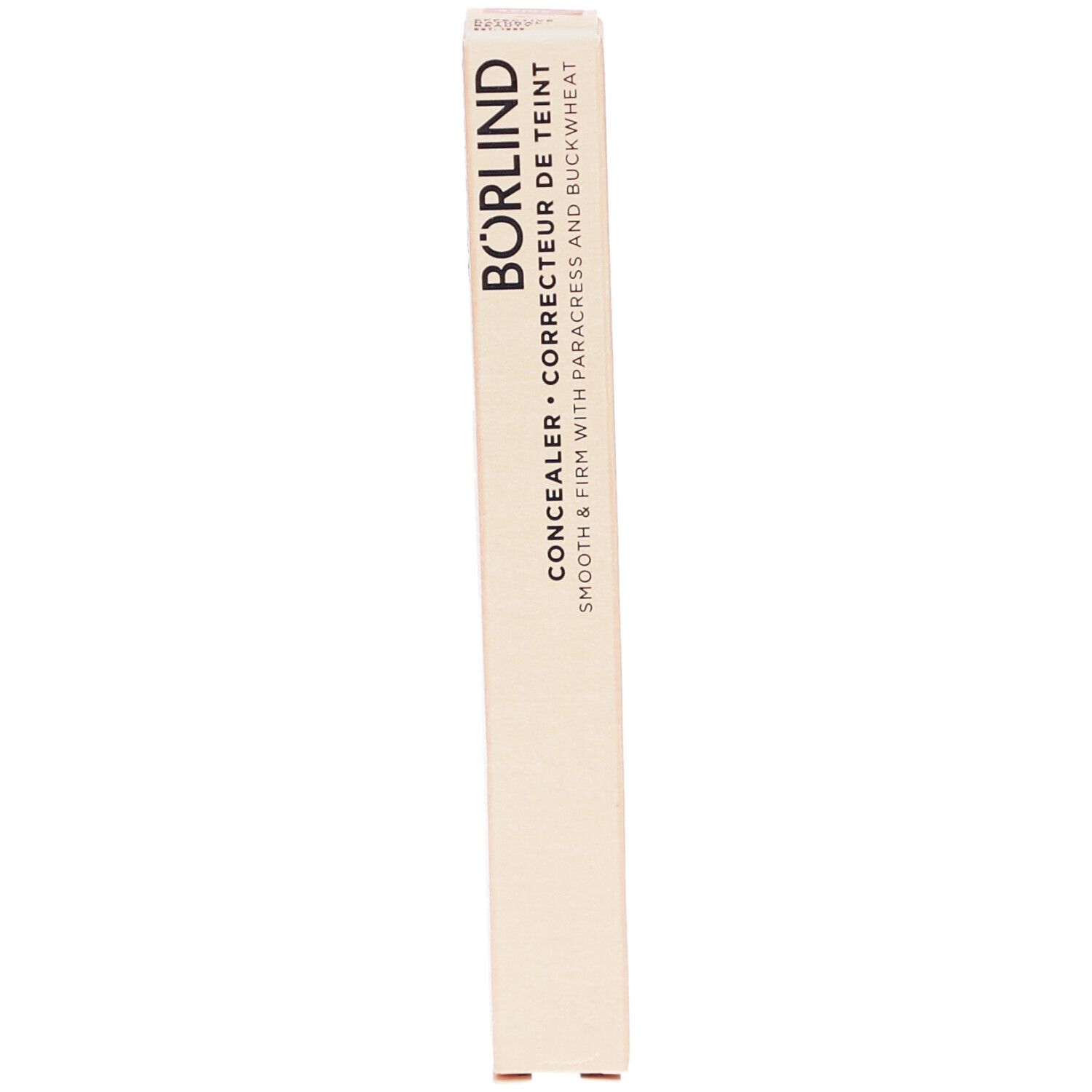 Emballage de correcteur BÖRLIND. Boîte beige allongée. Inscription : BÖRLIND, Concealer, Correcteur de teint.