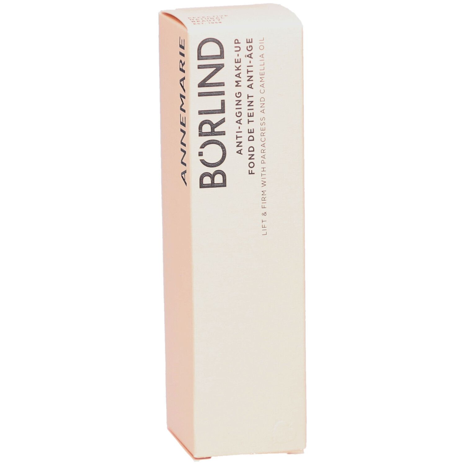 Boîte beige ANNE MARIE BÖRLIND. Texte: Anti-Âge Make-up. Vue oblique.