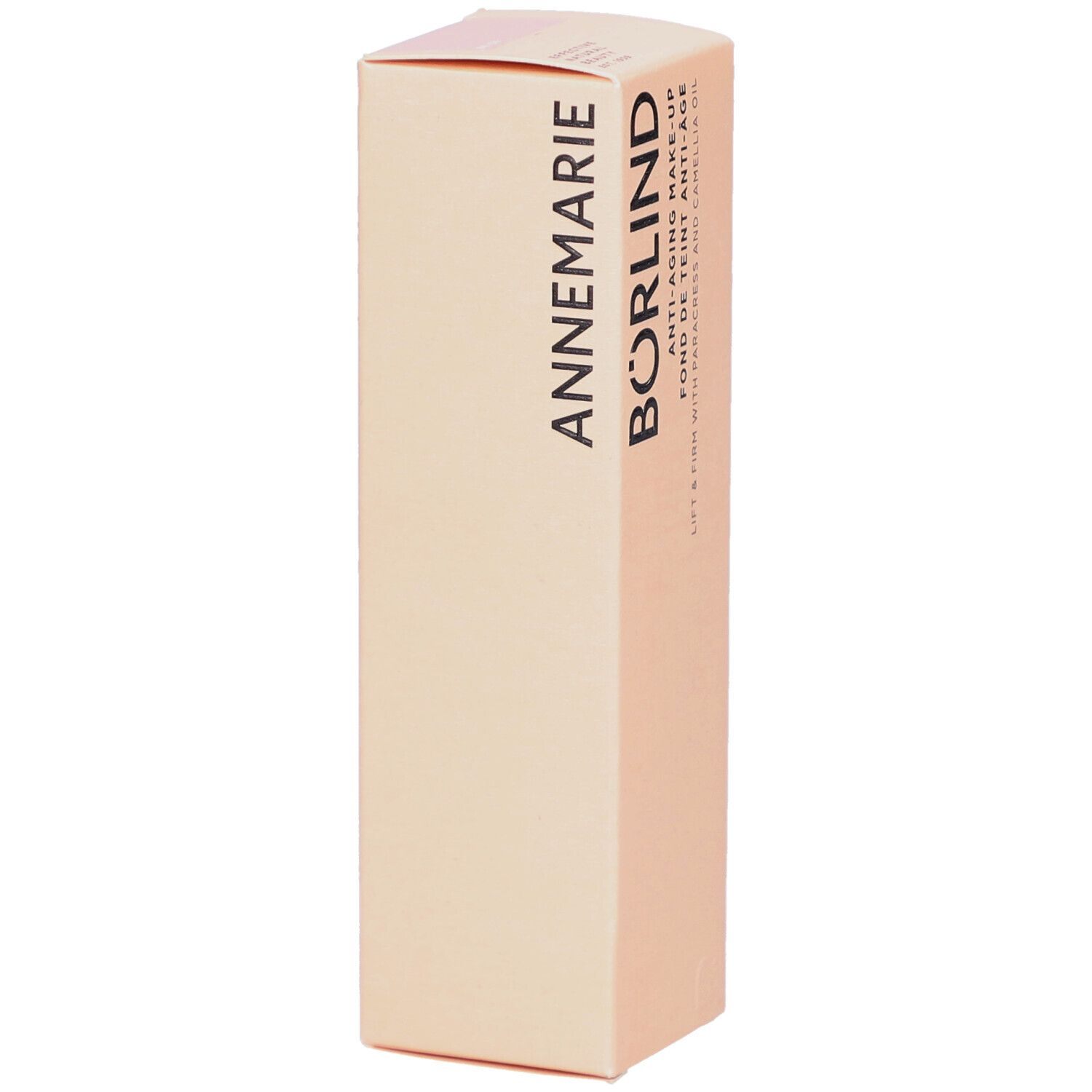 Boîte beige avec inscription: ANNEMARIE BÖRLIND. Informations produit sur le côté.