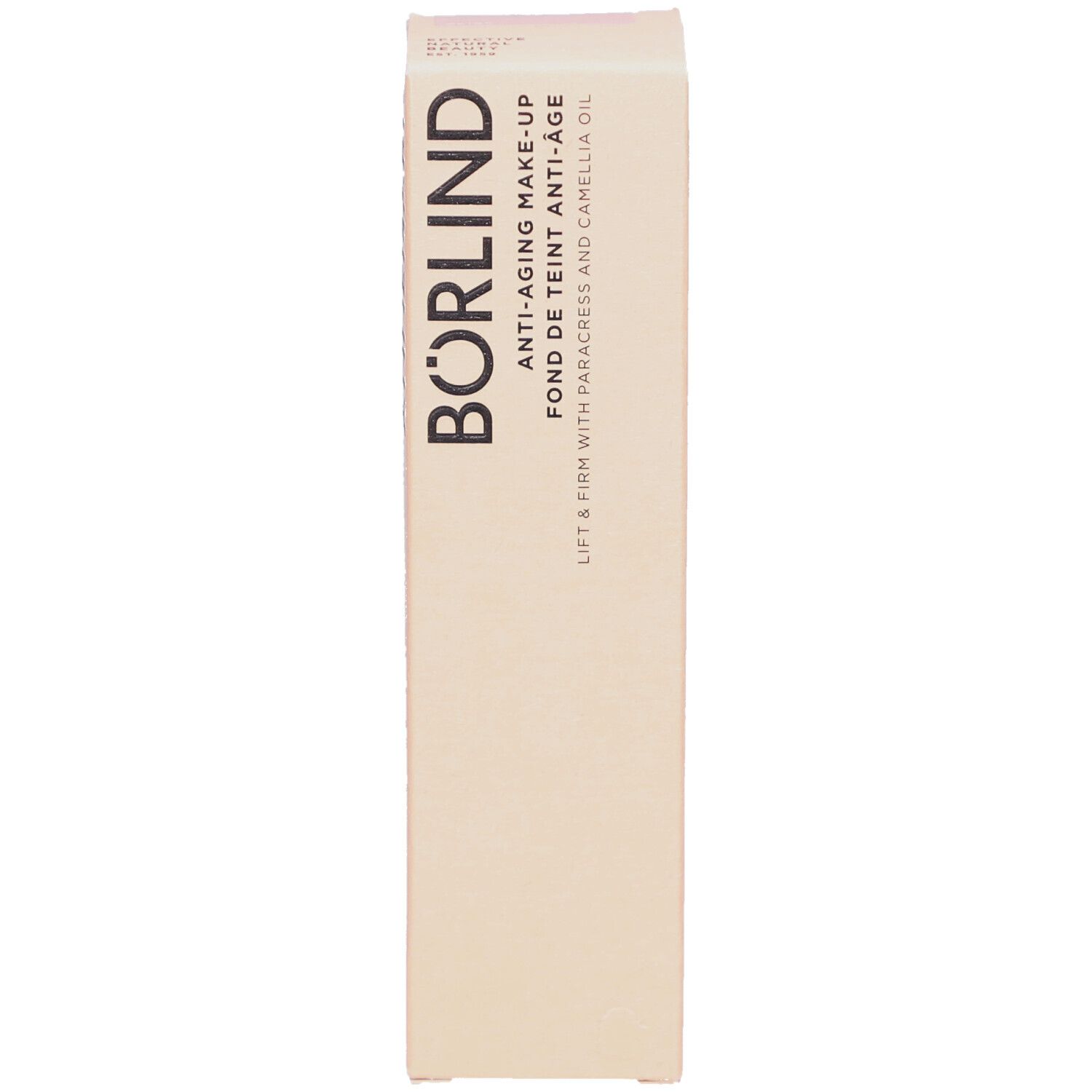 Boîte beige avec inscription: BÖRLIND Anti-Aging Make-Up. Contient Paracress et huile de camélia.