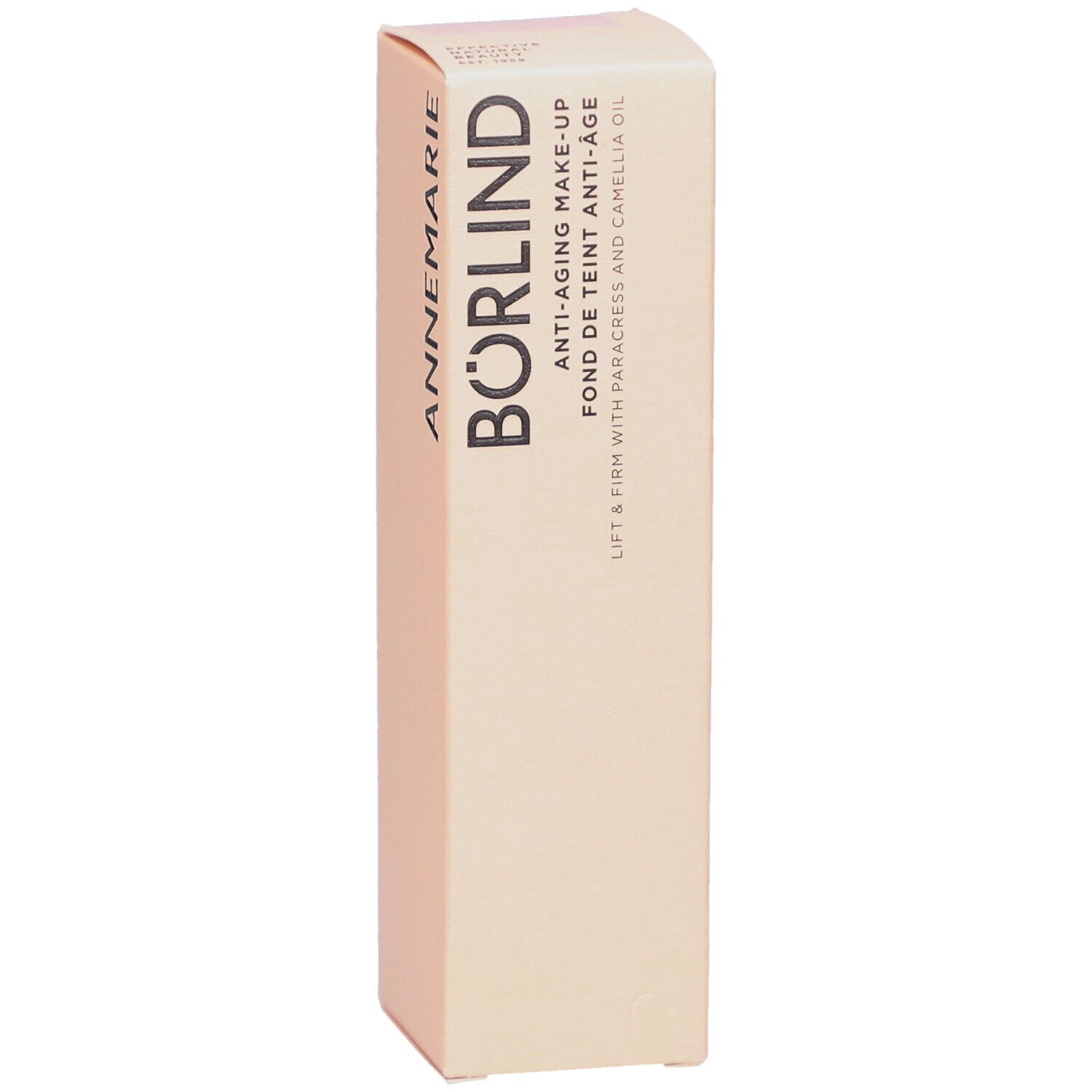 Boîte beige avec inscription: BÖRLIND Anti-Aging Make-Up. Contient Paracress et huile de camélia.