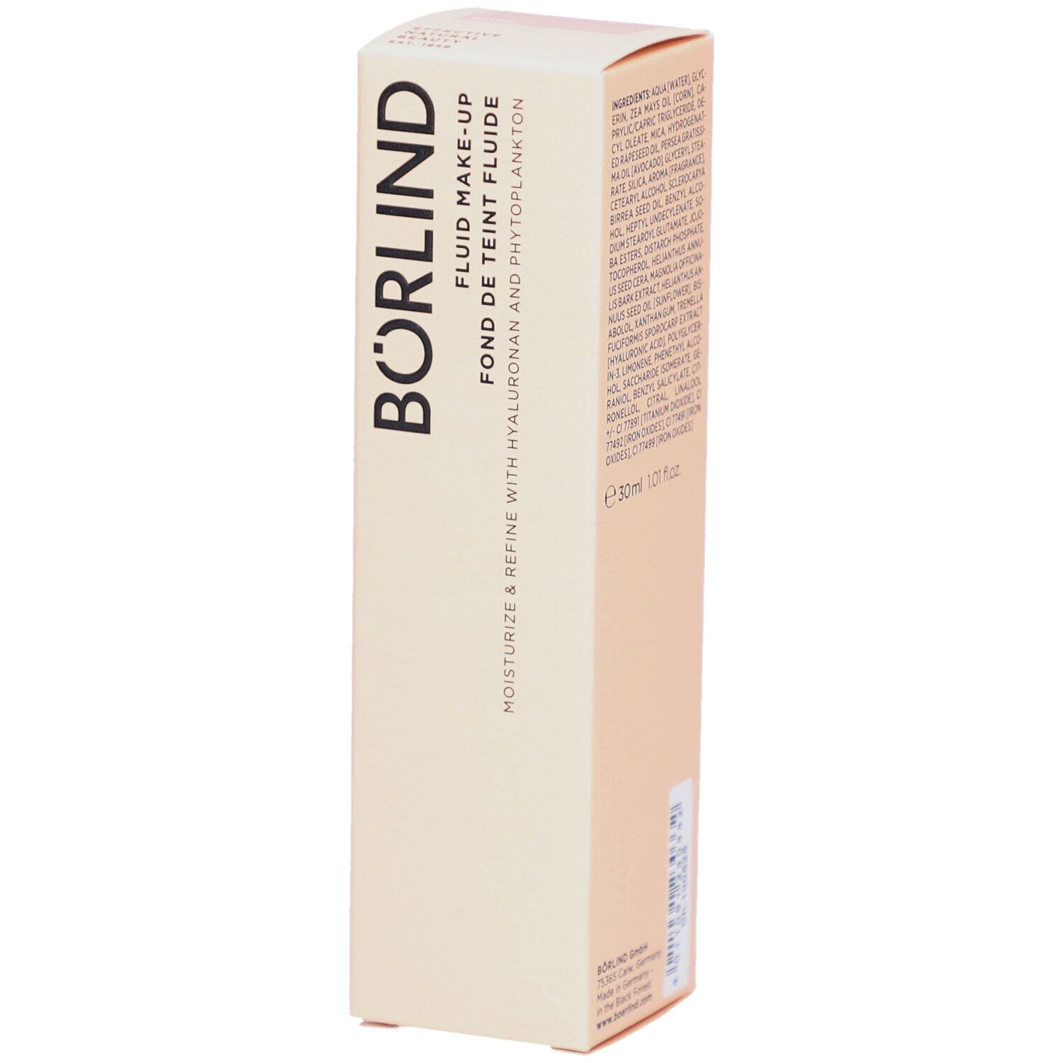 Boîte de fond de teint fluide Börlind. Contient de l'hyaluronane et du phytoplancton. 30ml.