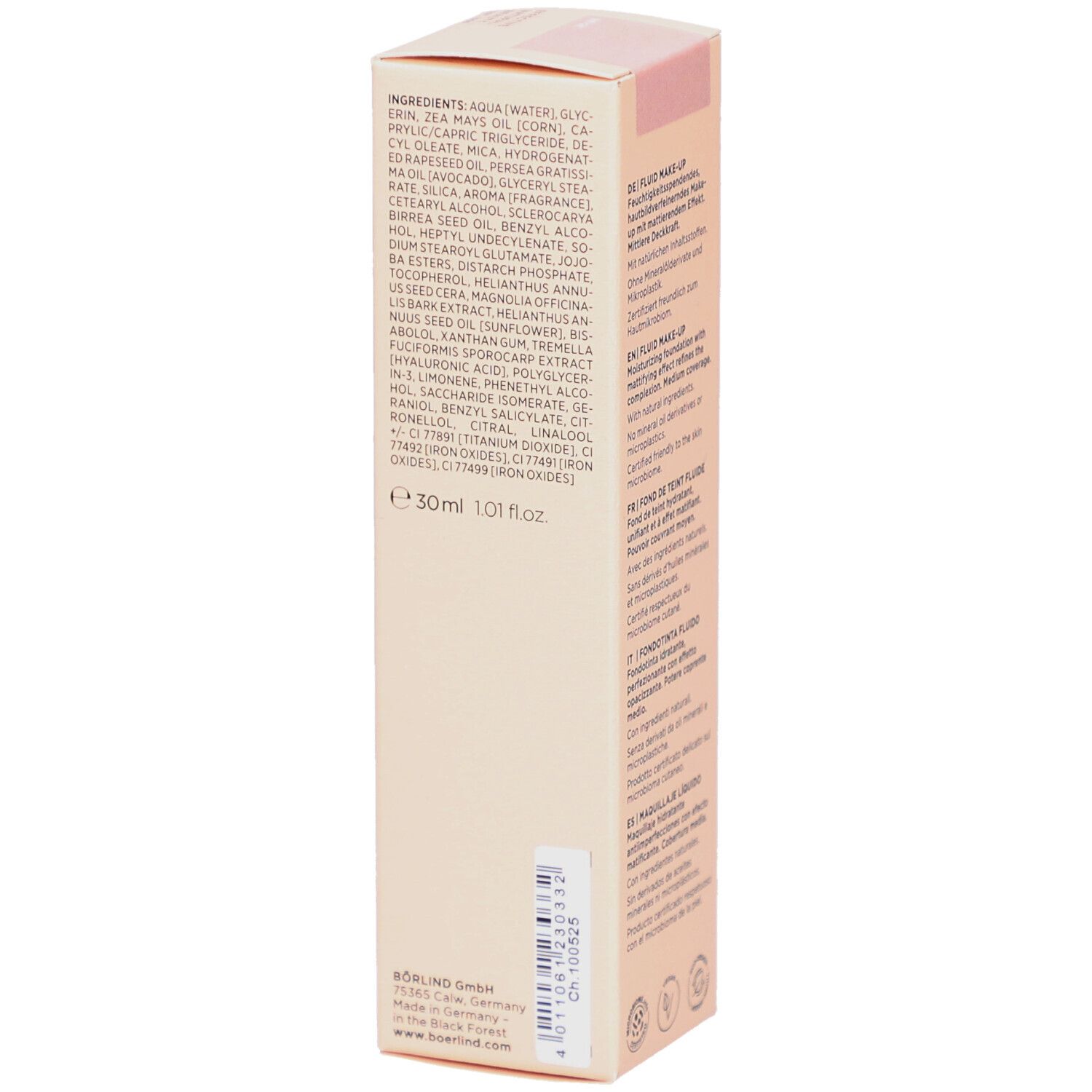 Emballage avec liste des ingrédients et indication 30ml/1.01 fl.oz.