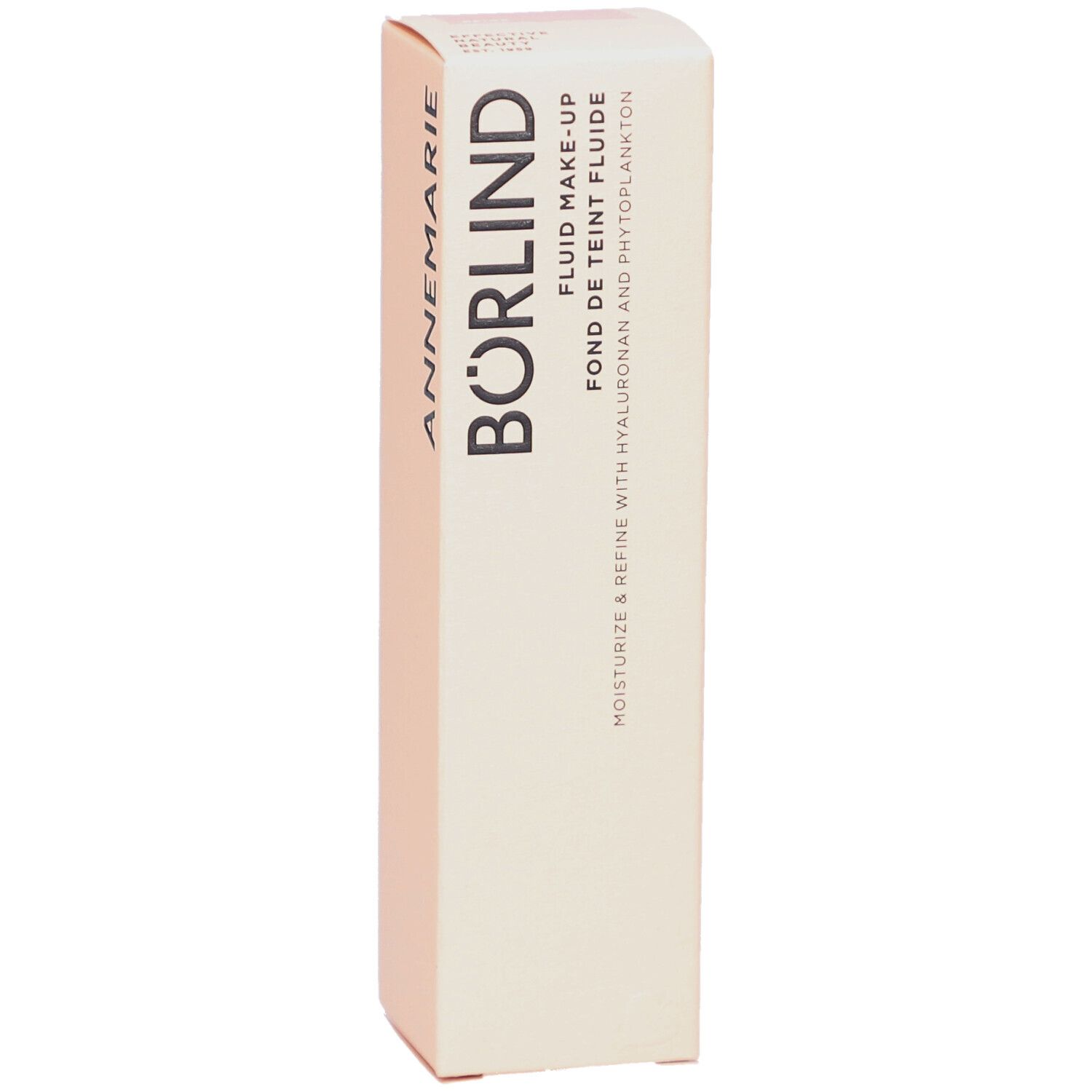 Boîte de maquillage fluide Börlind avec texte : Annemarie Börlind, Fluid Make-Up, Fond de Teint Fluide, Moisturize & Refine with Hyaluronan and Phytoplankton.