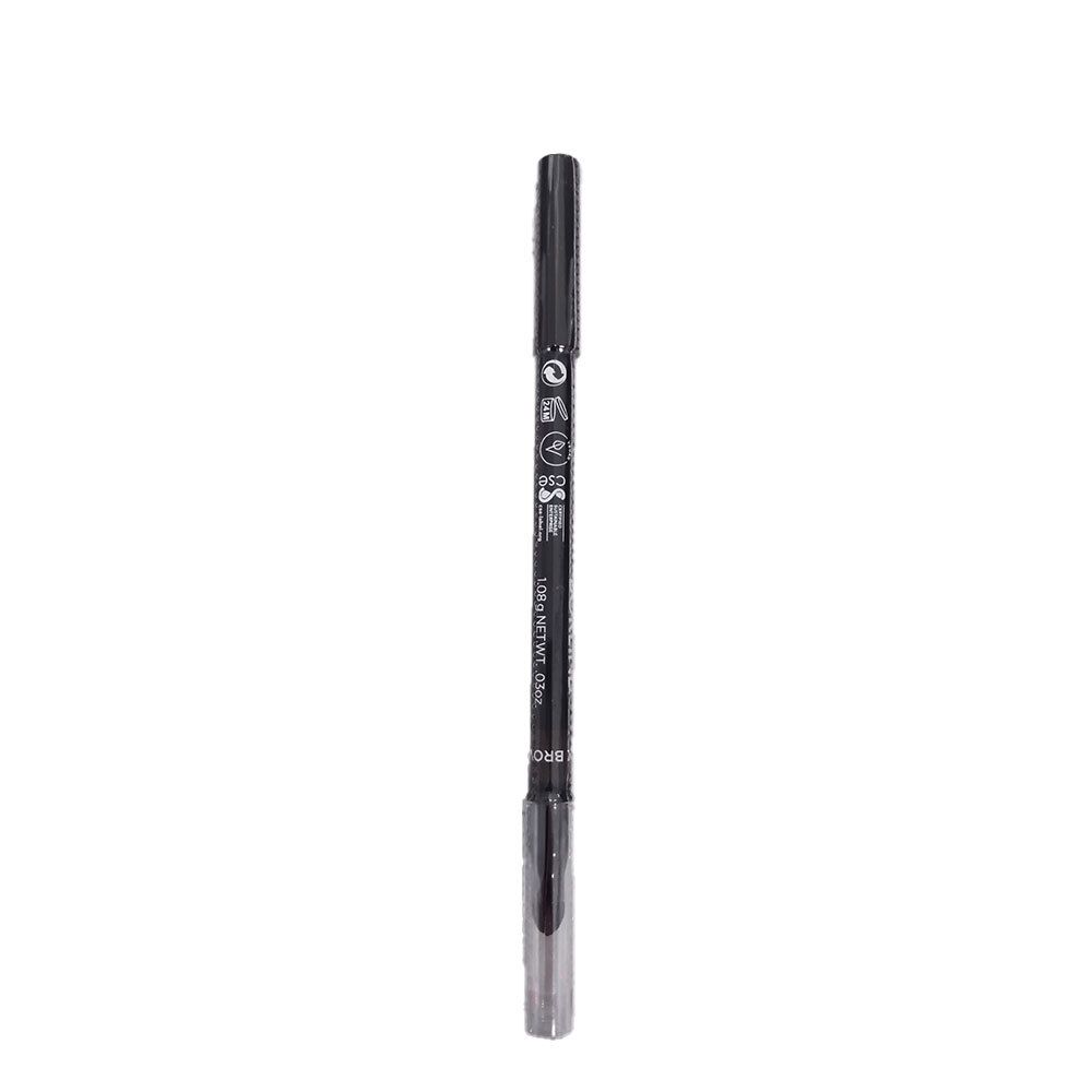 Crayon Kajal noir-brun. Crayon noir avec capuchon argenté. Inscriptions avec informations.