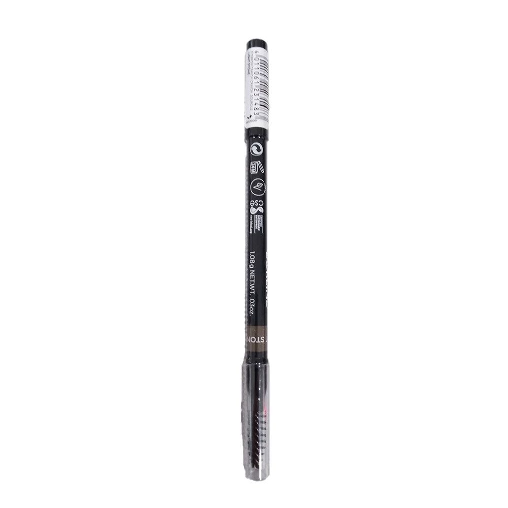 Dos du crayon à sourcils BÖRLIND. Crayon brun foncé avec brosse. Inscription: Light, Net Wt. 0.9g. Avec code-barres.