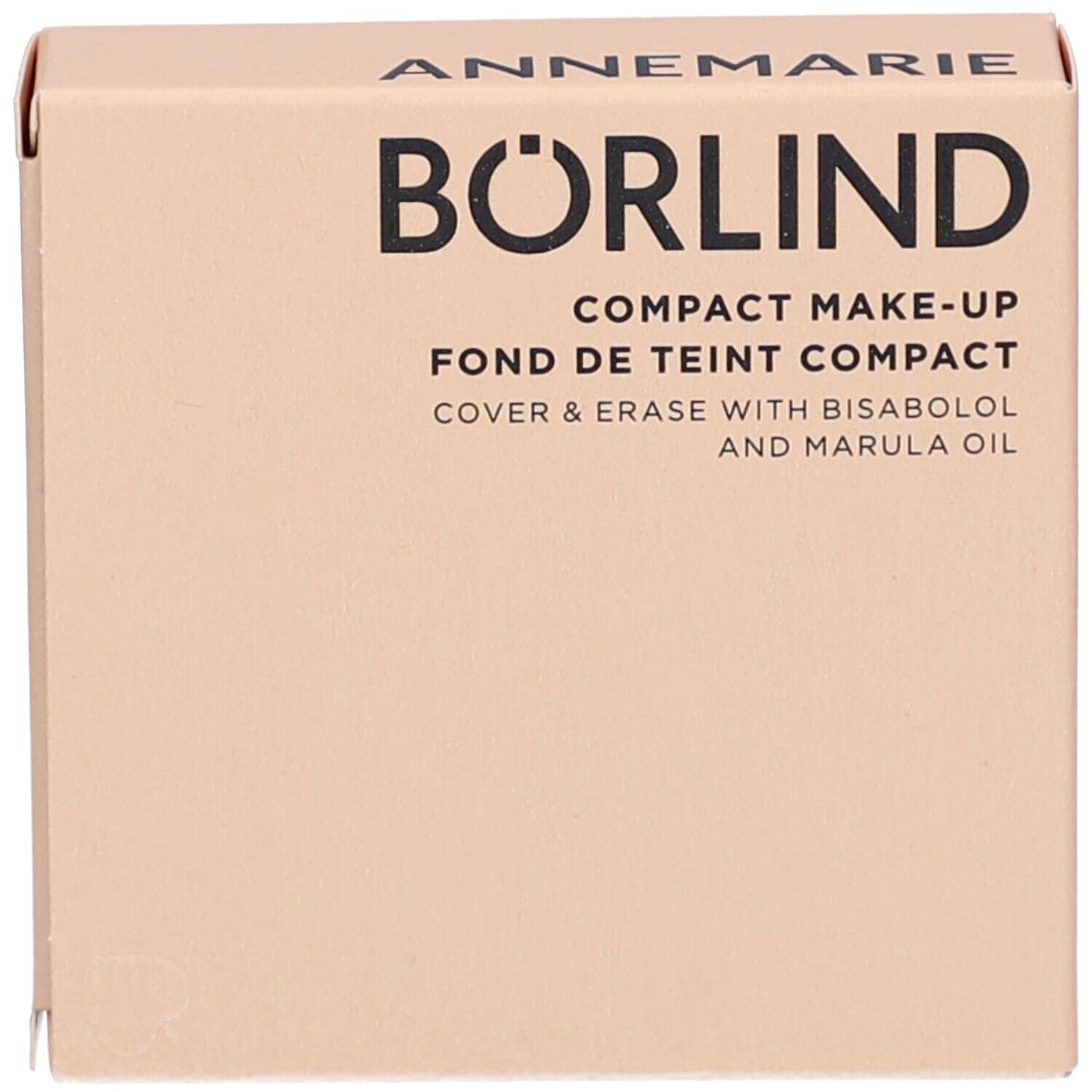 Emballage de maquillage compact. Marque: Annemarie Börlind. Texte: Compact Make-up, Cover & Erase. Boîte beige.