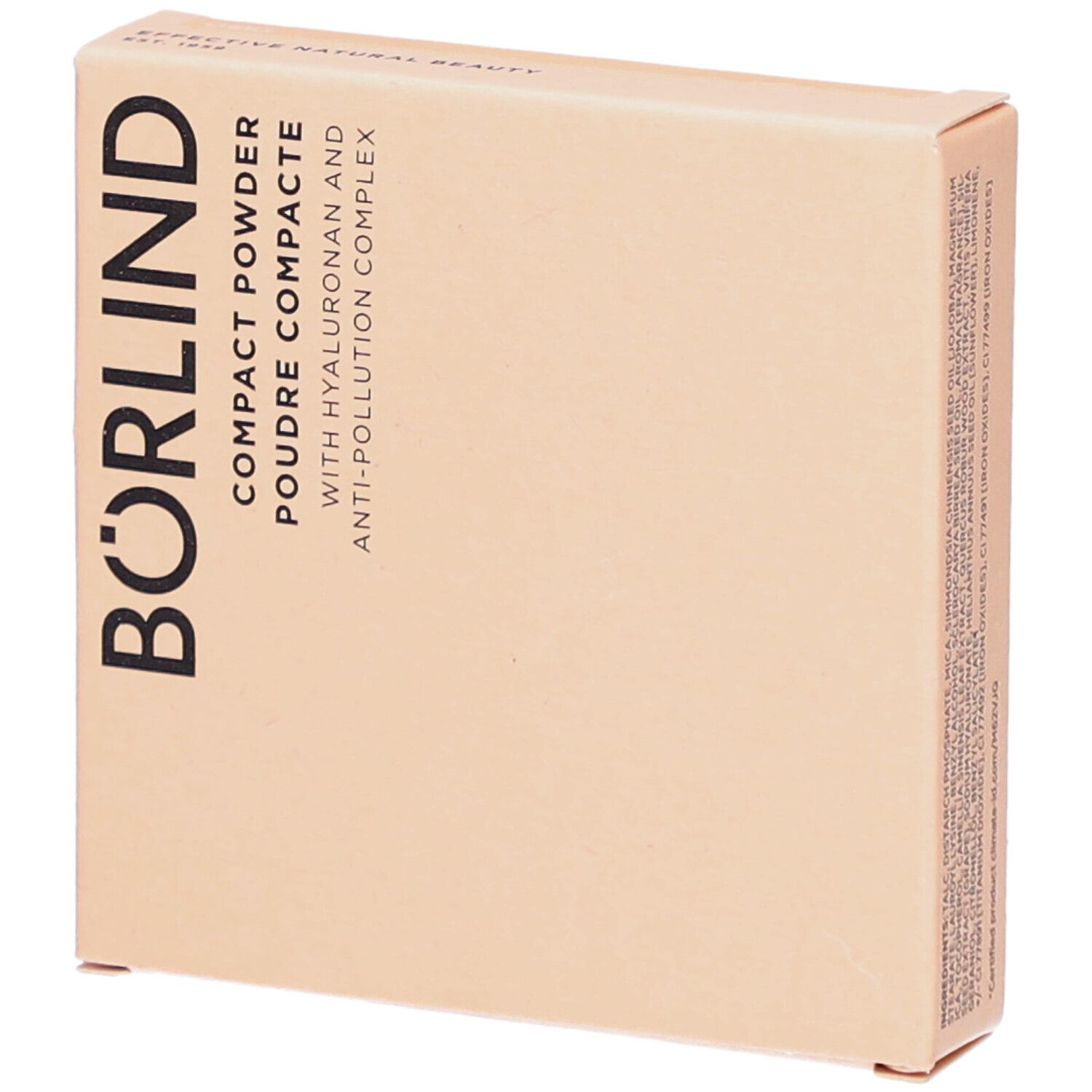 Boîte de poudre compacte beige. Inscription noire BÖRLIND. Texte: COMPACT POWDER, POUDRE COMPACTE avec Hyaluron.