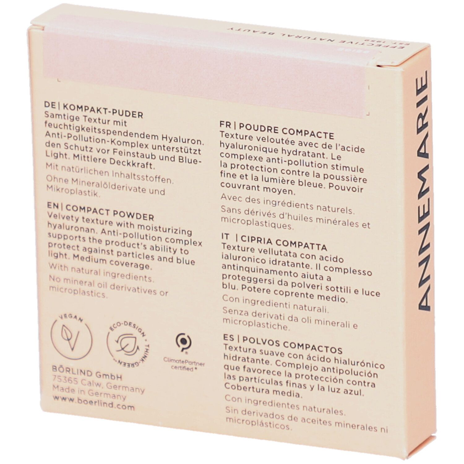 Dos de la boîte de poudre compacte. Texte en allemand, anglais, français, italien et espagnol. Logos: Vegan, Eco-Design, ClimatePartner.