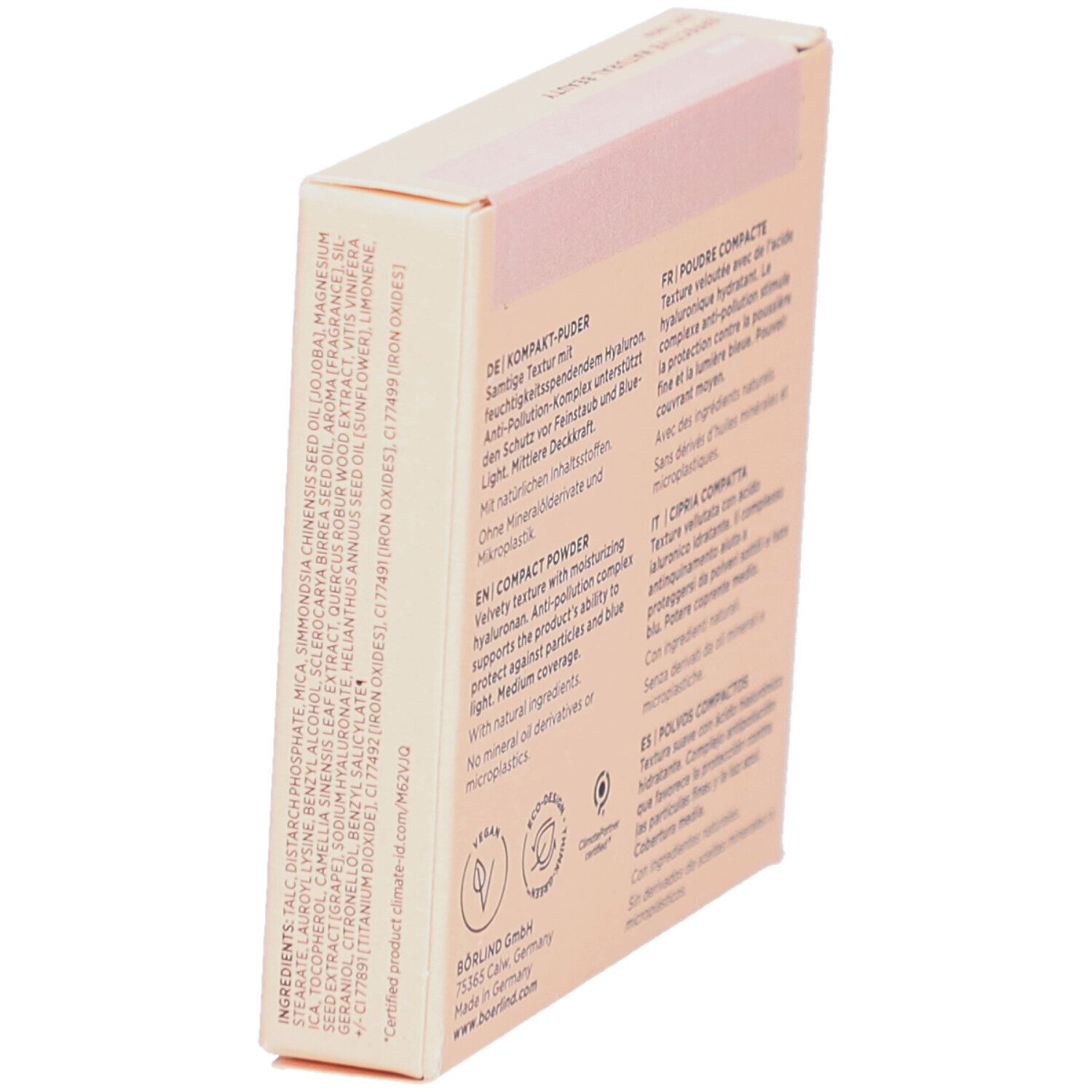 Côté de la boîte de poudre compacte. Texte: Ingrédients, BÖRLIND GmbH, Made in Germany. Logos: Vegan, Eco-Design, ClimatePartner.