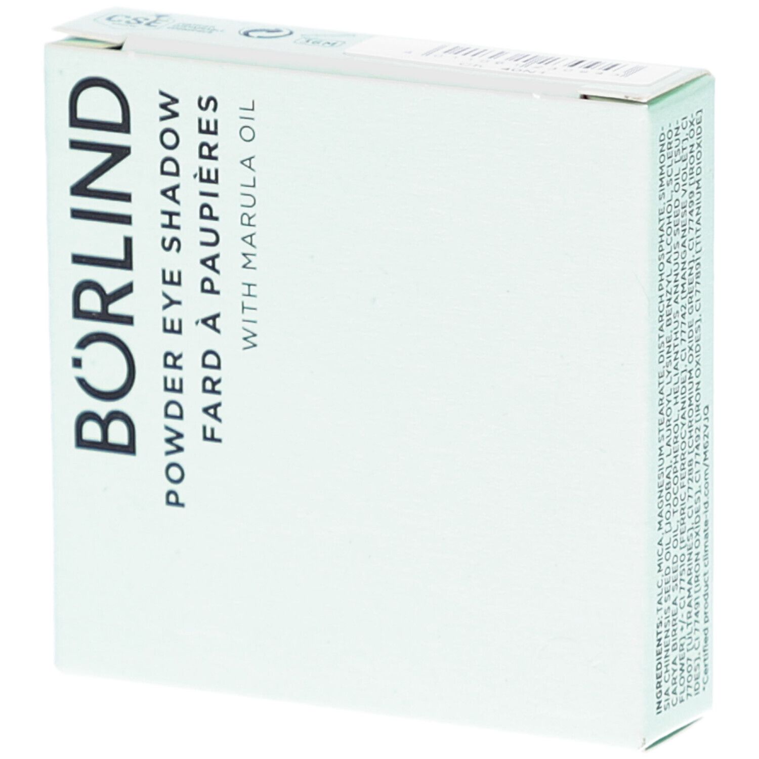 Boîte de fard à paupières BÖRLIND. Carton blanc avec nom du produit et huile de marula. Forme carrée.