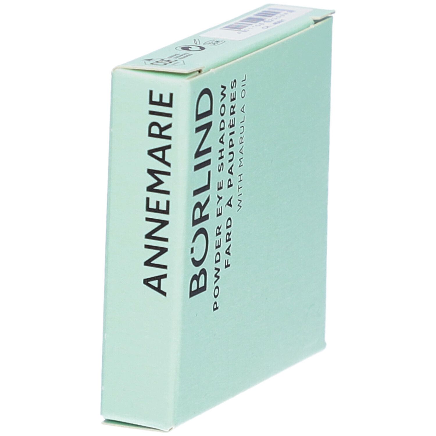 Boîte de fard à paupières BÖRLIND. Carton blanc-vert avec nom du produit. Forme carrée, en biais.