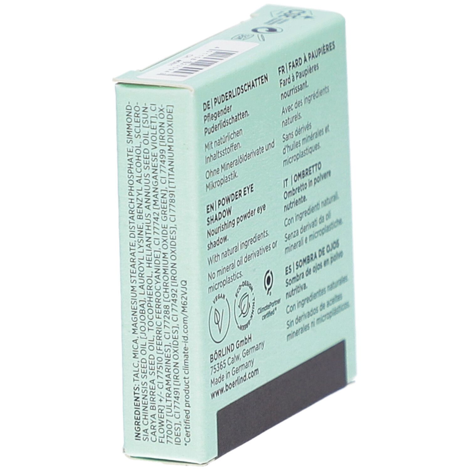 Boîte de fard à paupières BÖRLIND. Dos avec ingrédients et certifications. Forme carrée, en biais.