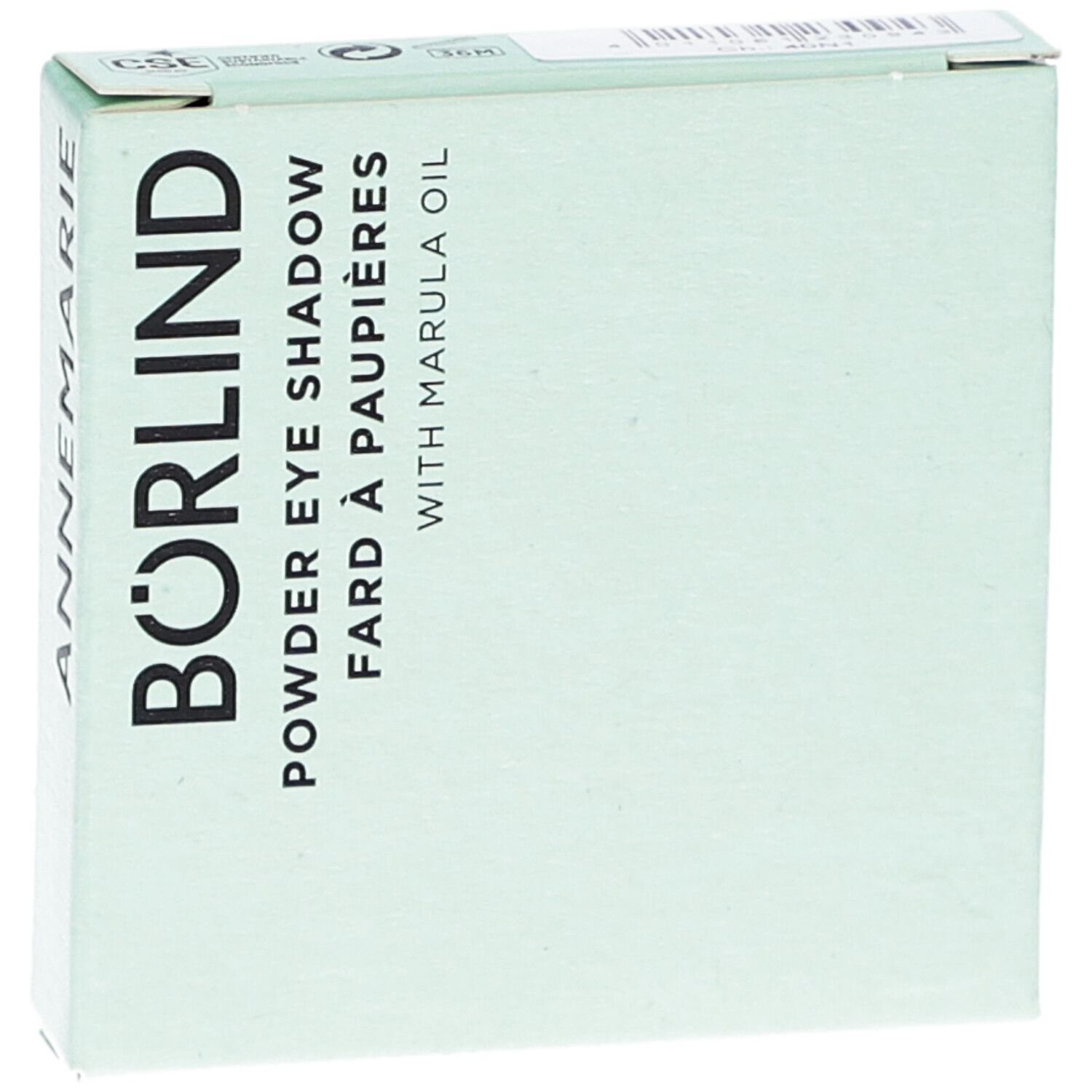 Boîte de fard à paupières BÖRLIND. Carton blanc-vert avec nom du produit et huile de marula. Forme carrée.