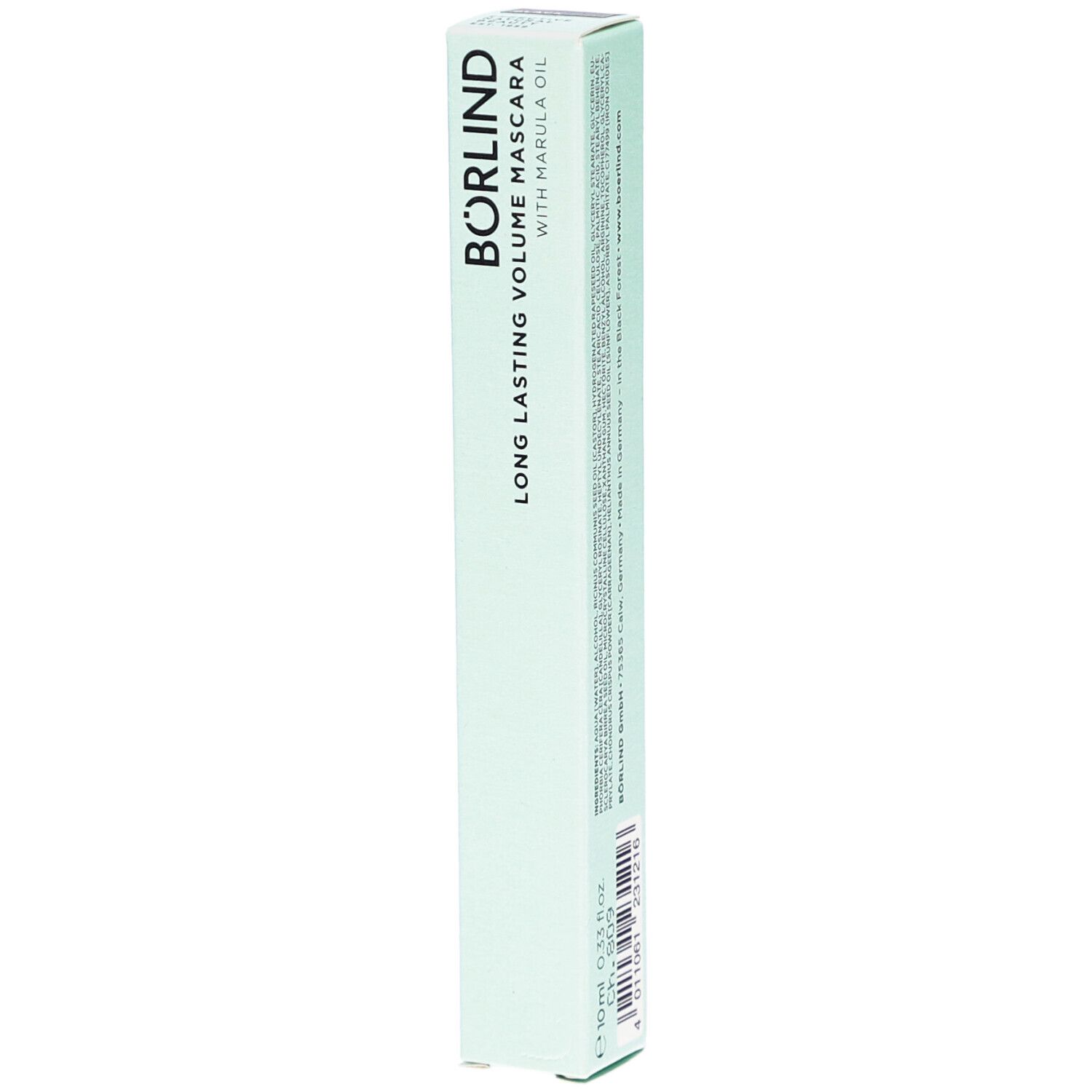 Mascara BÖRLIND Long Lasting Volume noire, emballage vert clair. Avec huile de marula. Vue verticale.