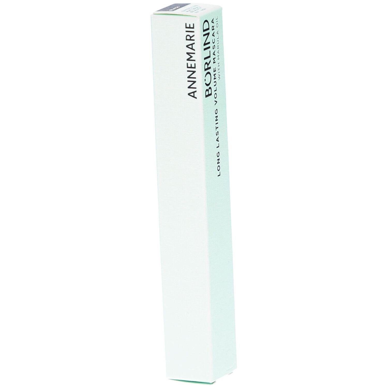 Emballage du mascara Annemarie Börlind Long Lasting Volume. Blanc avec texte noir. Vue verticale.
