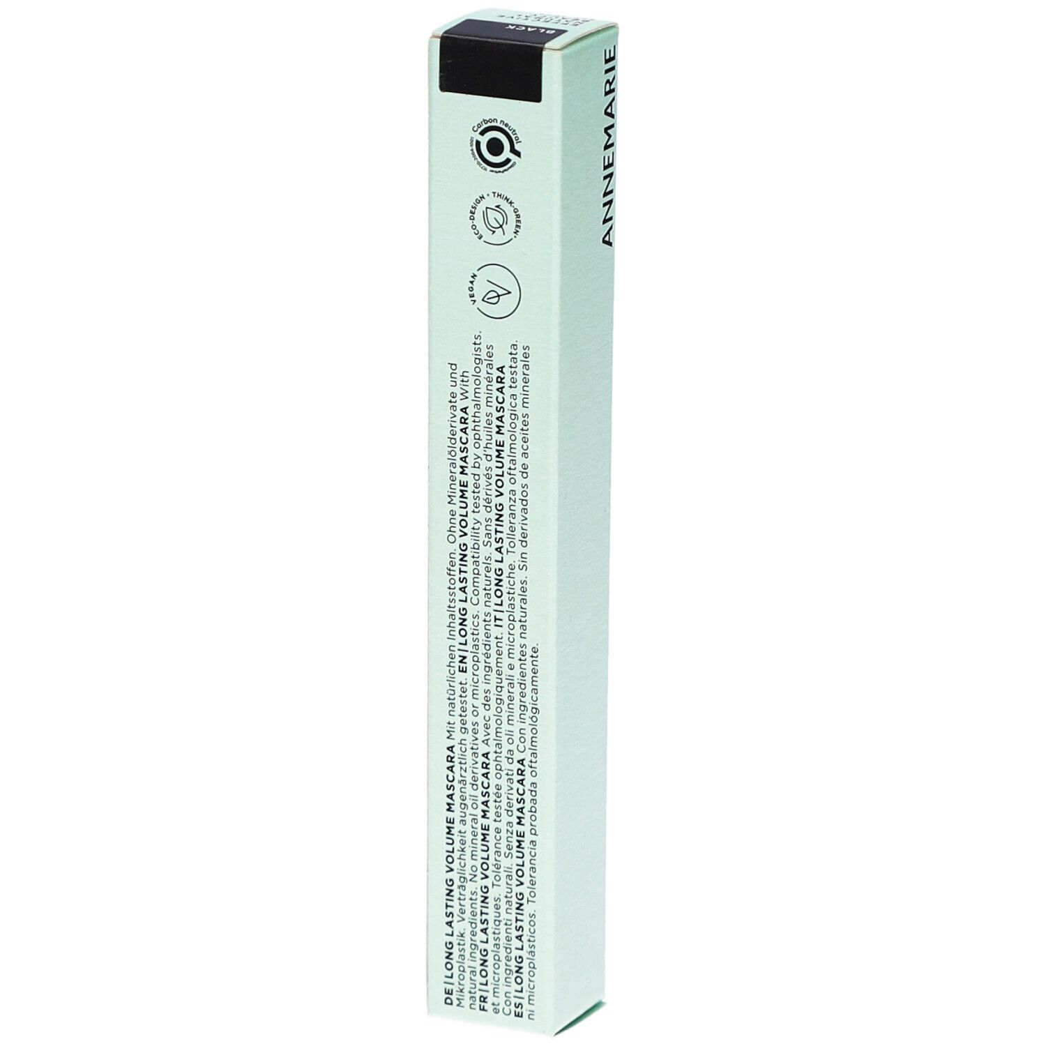 Dos de l'emballage du mascara. Texte multilingue. Avec logo cosmétique naturel. Vue verticale.