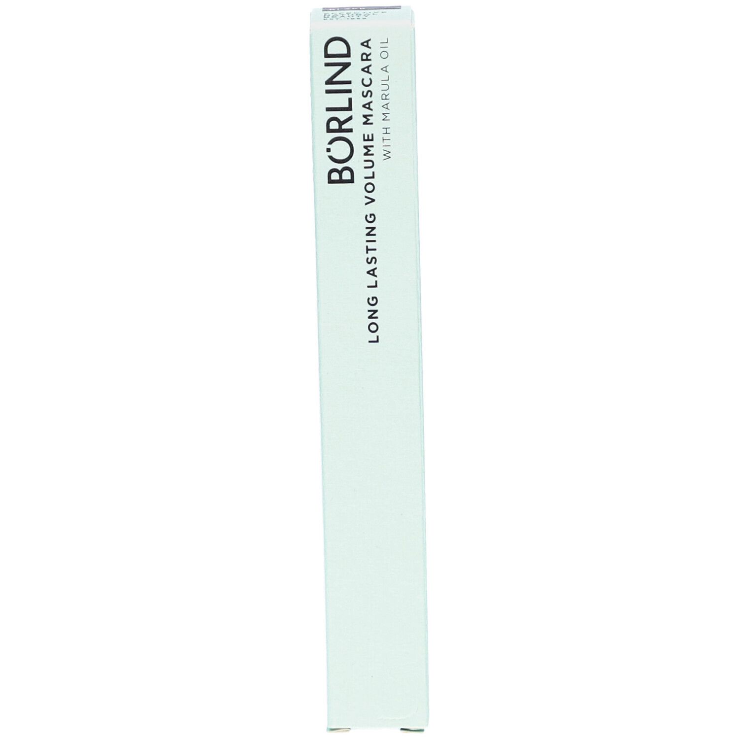 Mascara BÖRLIND Long Lasting Volume noire, emballage vert clair. Avec huile de marula. Vue verticale.