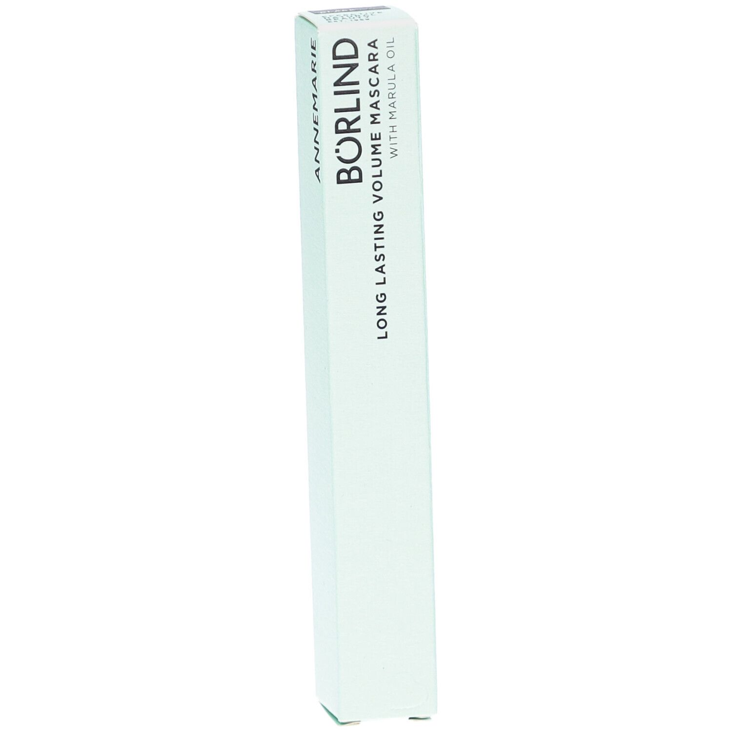 Emballage du mascara Annemarie Börlind Long Lasting Volume. Blanc avec texte noir. Vue verticale.