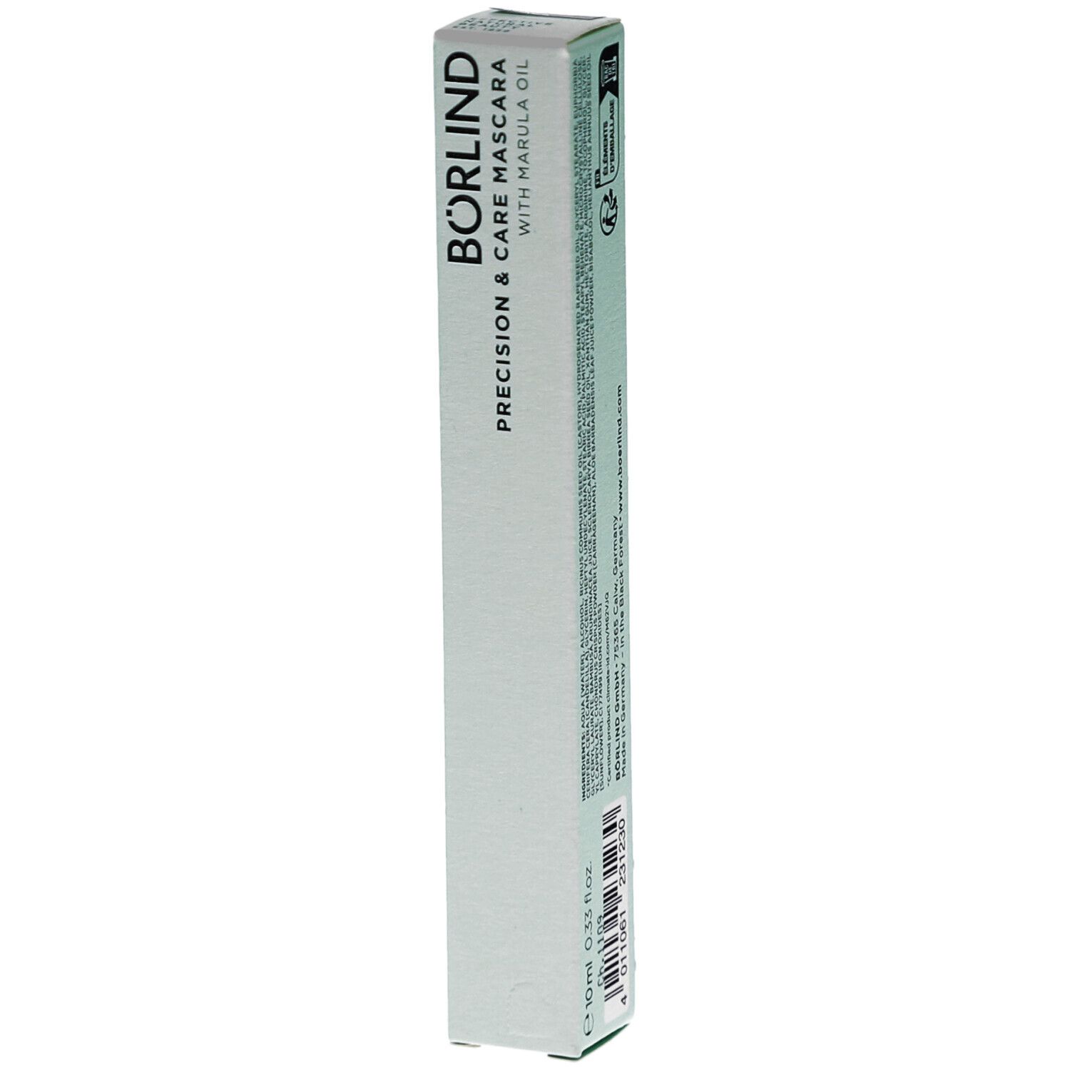 Boîte de mascara. Inscription: BÖRLIND Precision & Care Mascara with Marula Oil. Emballage vert clair.