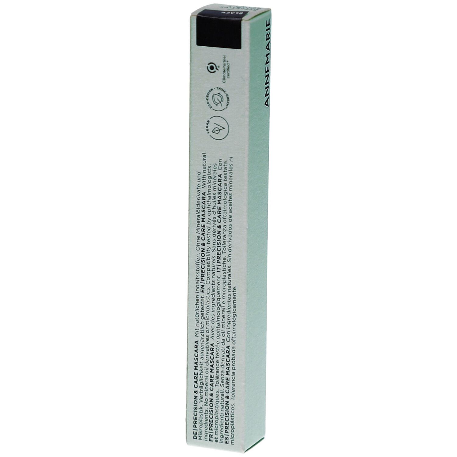 Emballage de mascara, vert clair. Inscription: ANNEMARIE. Texte multilingue. Couvercle noir.