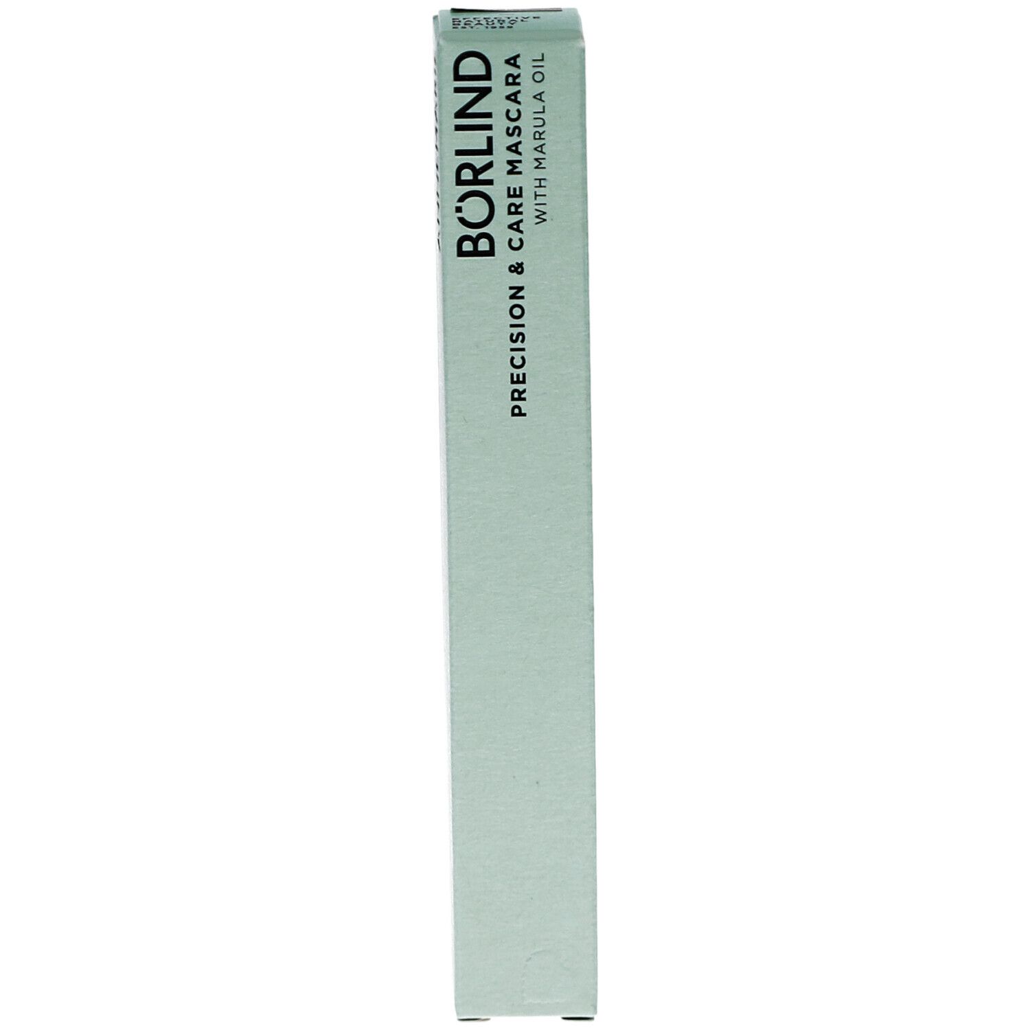 Emballage de mascara vert clair. Inscription: BÖRLIND Precision & Care Mascara with Marula Oil. Couvercle noir.