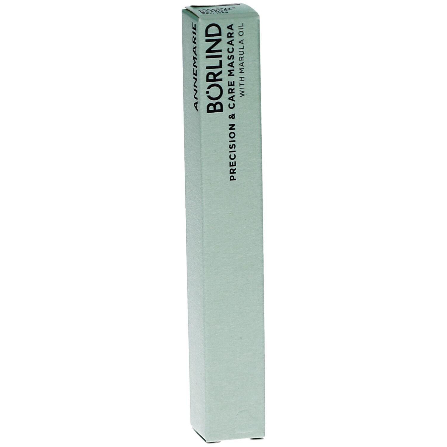 Emballage de mascara vert clair. Inscription: ANNEMARIE BÖRLIND Precision & Care Mascara with Marula Oil.