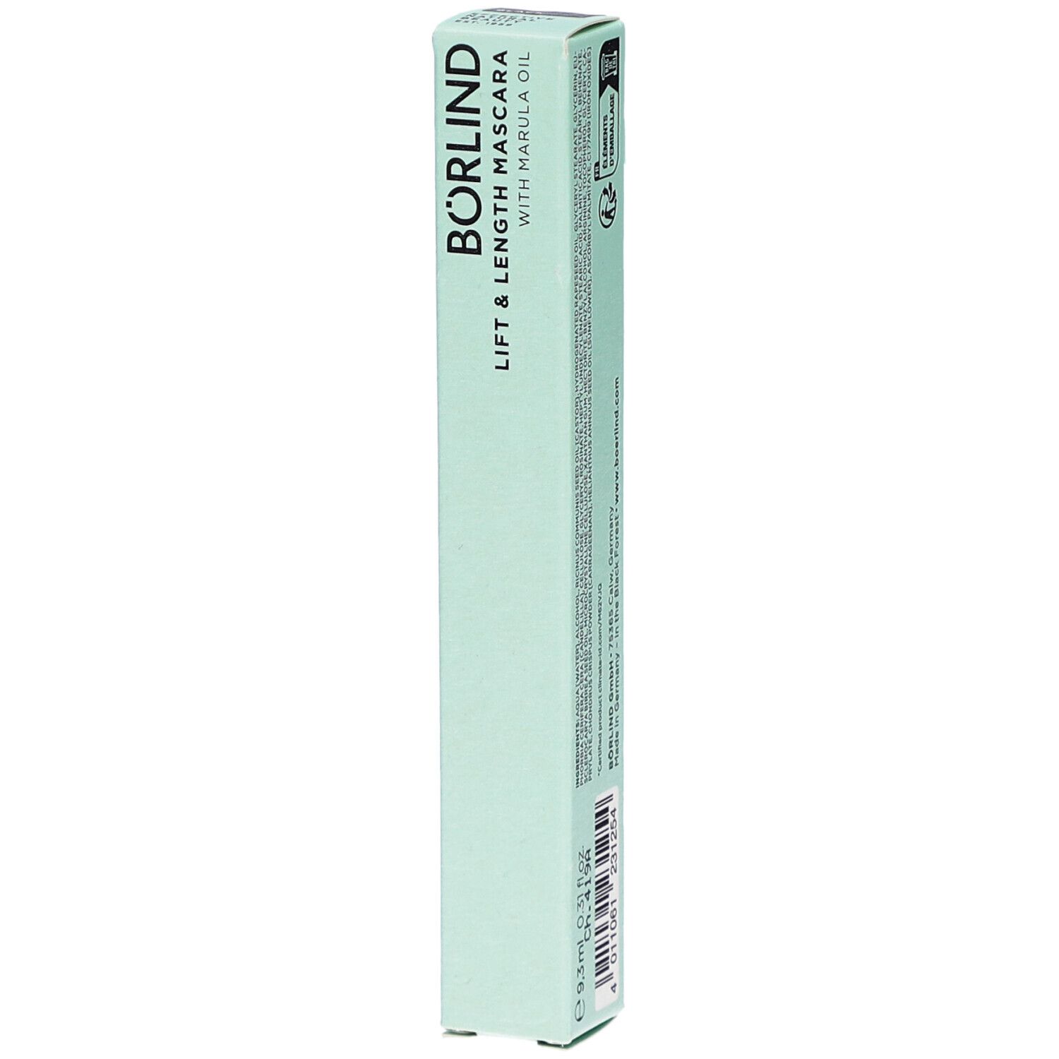 Emballage vert clair. Inscription: BÖRLIND Lift & Length Mascara with Marula Oil. Écriture noire.