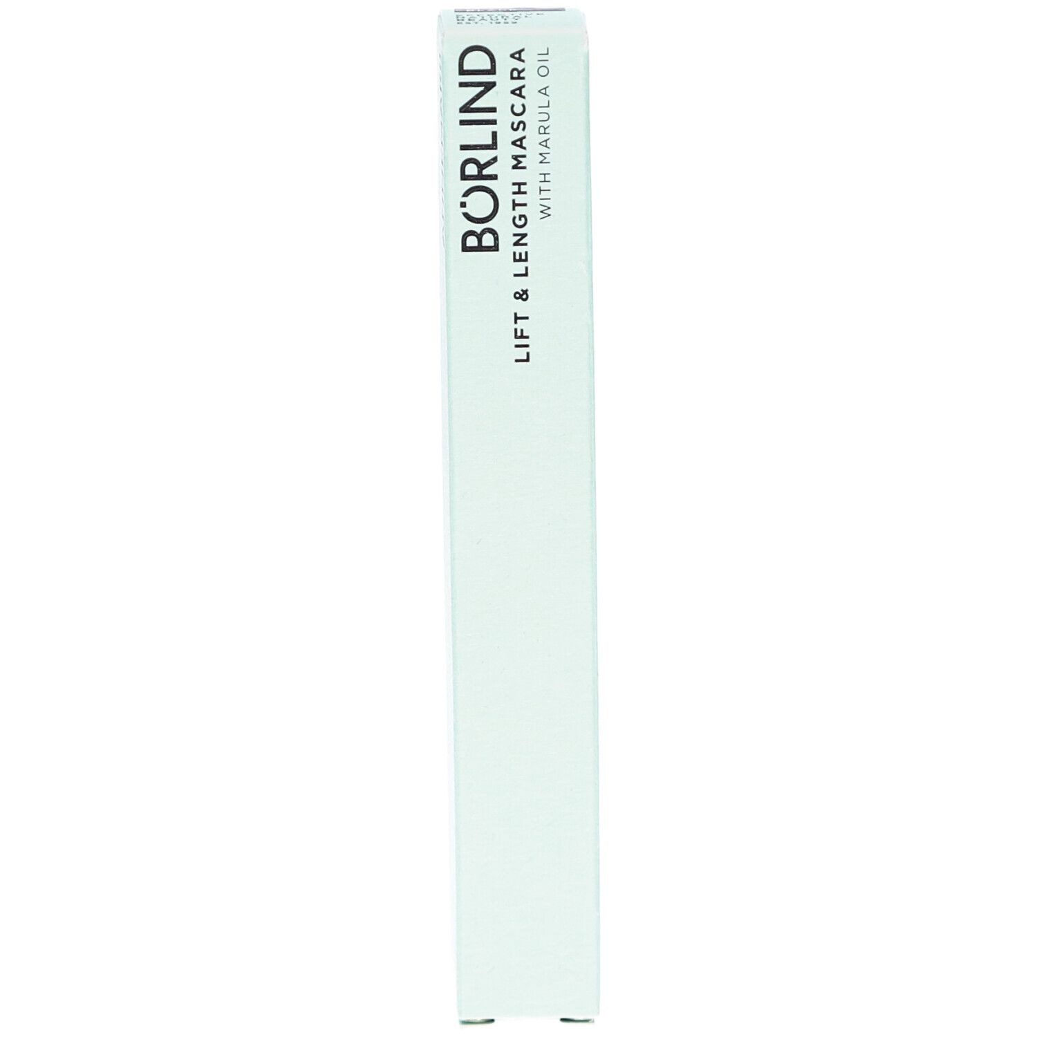 Emballage blanc. Inscription: BÖRLIND Lift & Length Mascara with Marula Oil. Écriture noire.