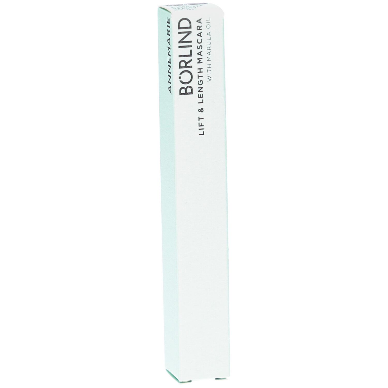 Emballage blanc. Inscription: BÖRLIND Lift & Length Mascara with Marula Oil. Écriture noire.