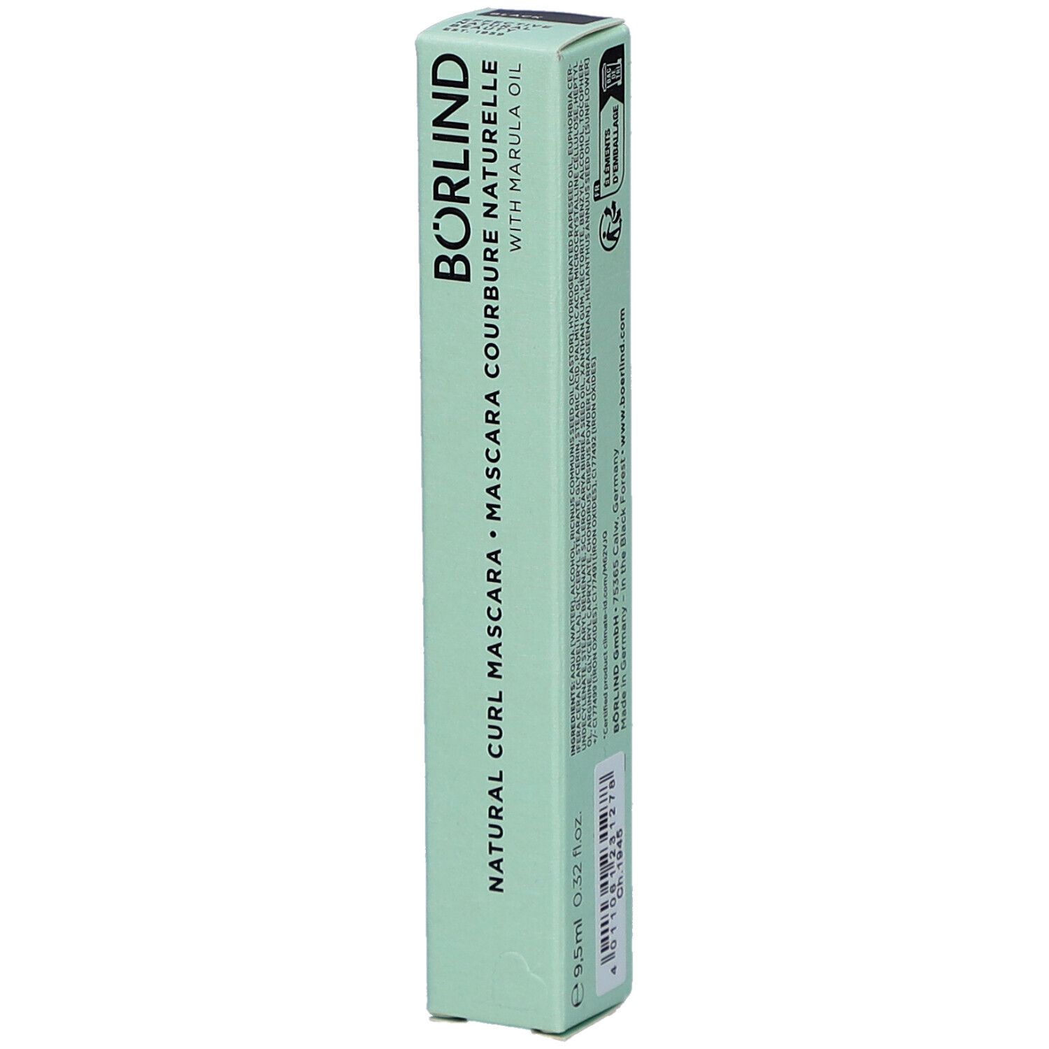 Emballage vert avec nom du produit: Natural Curl Mascara. Texte: BÖRLIND, Marula Oil. Volume: 9,5ml.