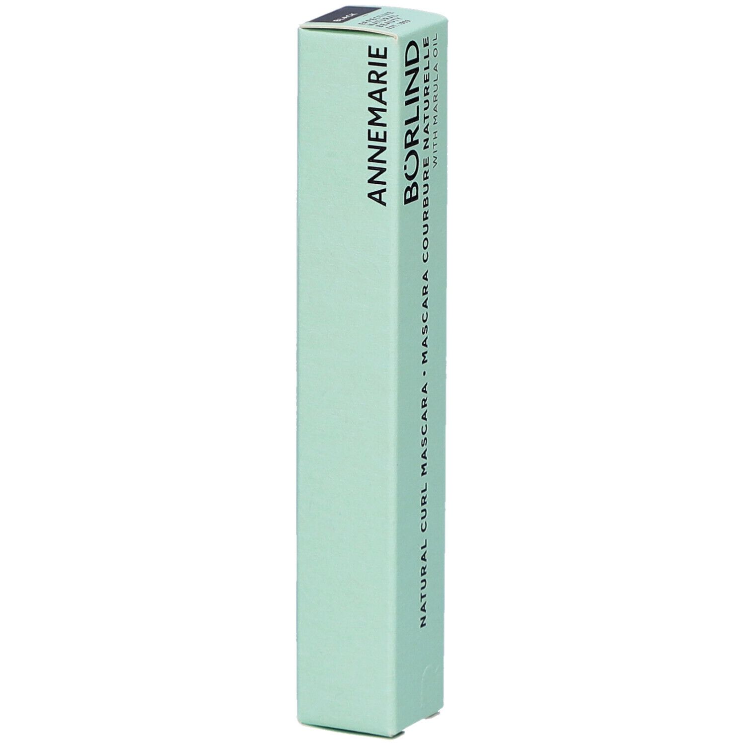 Emballage vert avec nom du produit: Natural Curl Mascara. Texte: ANNEMARIE BÖRLIND, Marula Oil.
