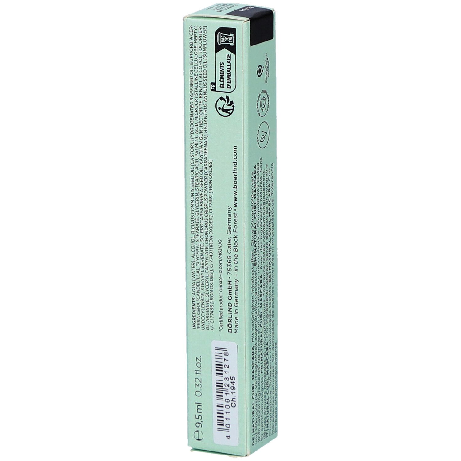 Emballage vert avec textes multilingues. Texte: Natural Curl Mascara. Informations fabricant.