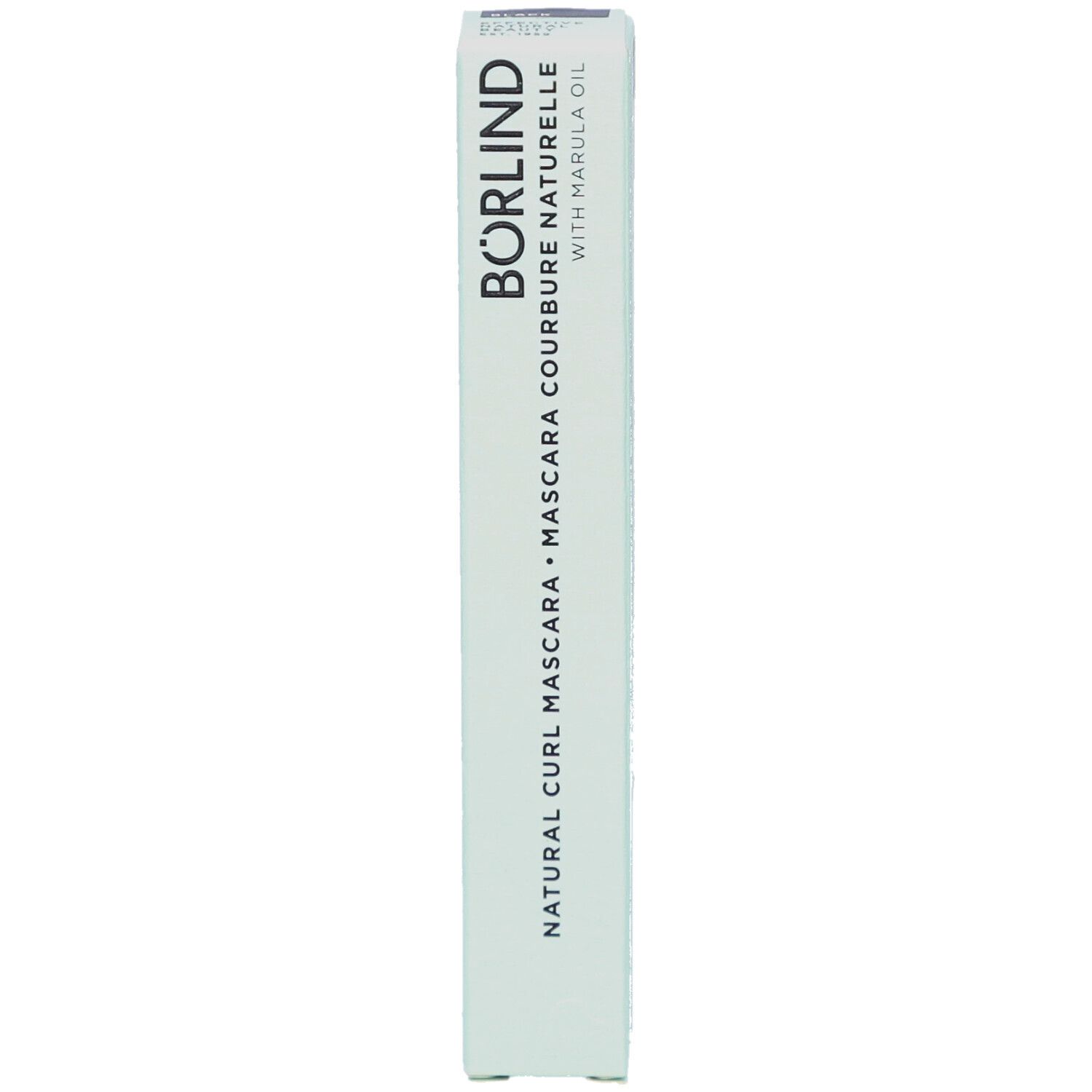 Emballage vert avec nom du produit: Natural Curl Mascara. Texte: BÖRLIND, Marula Oil.