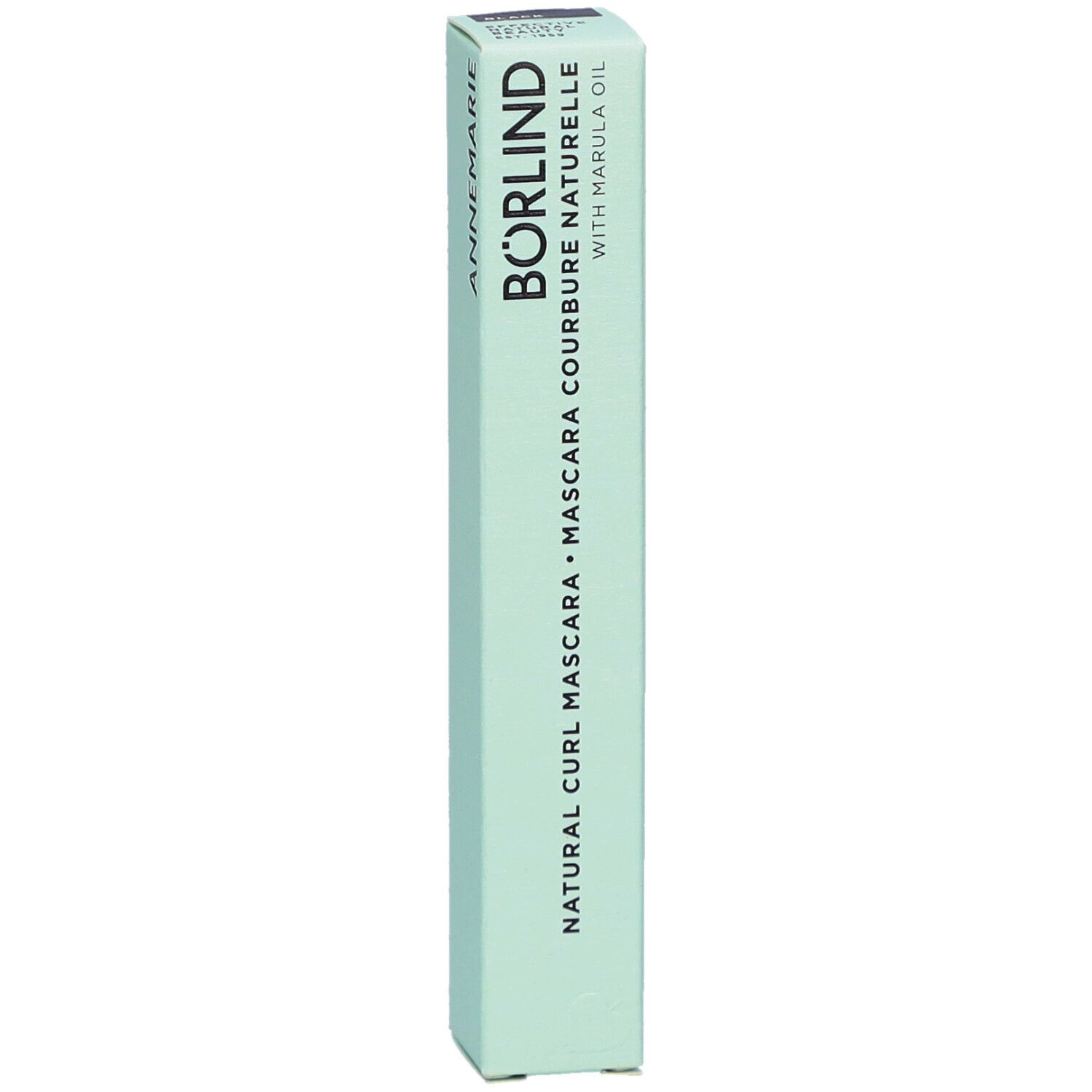 Emballage vert avec nom du produit: Natural Curl Mascara. Texte: ANNEMARIE BÖRLIND, Marula Oil.