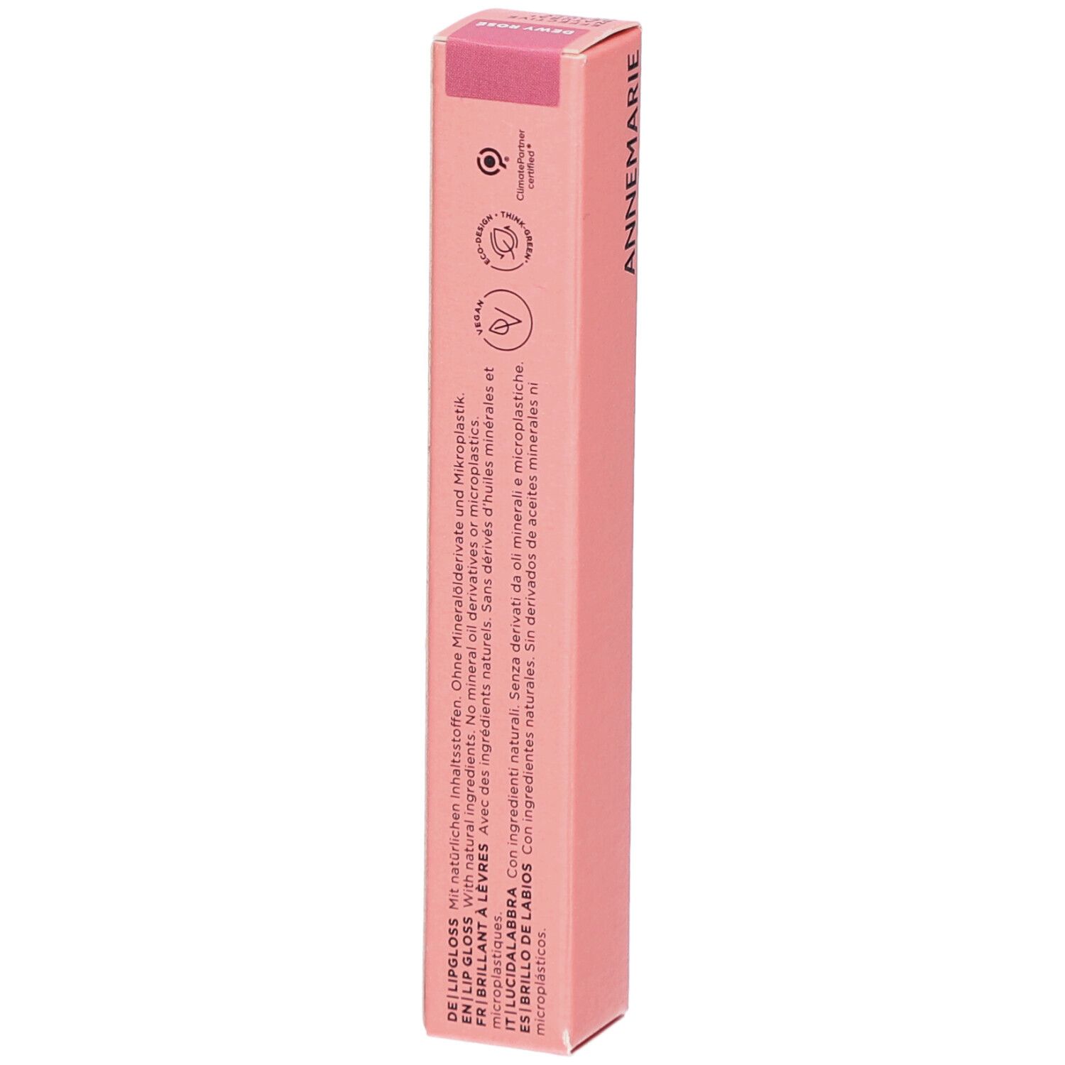Emballage rose avec texte. Contient des ingrédients. Sans dérivés d'huiles minérales ni microplastiques. Certifié.
