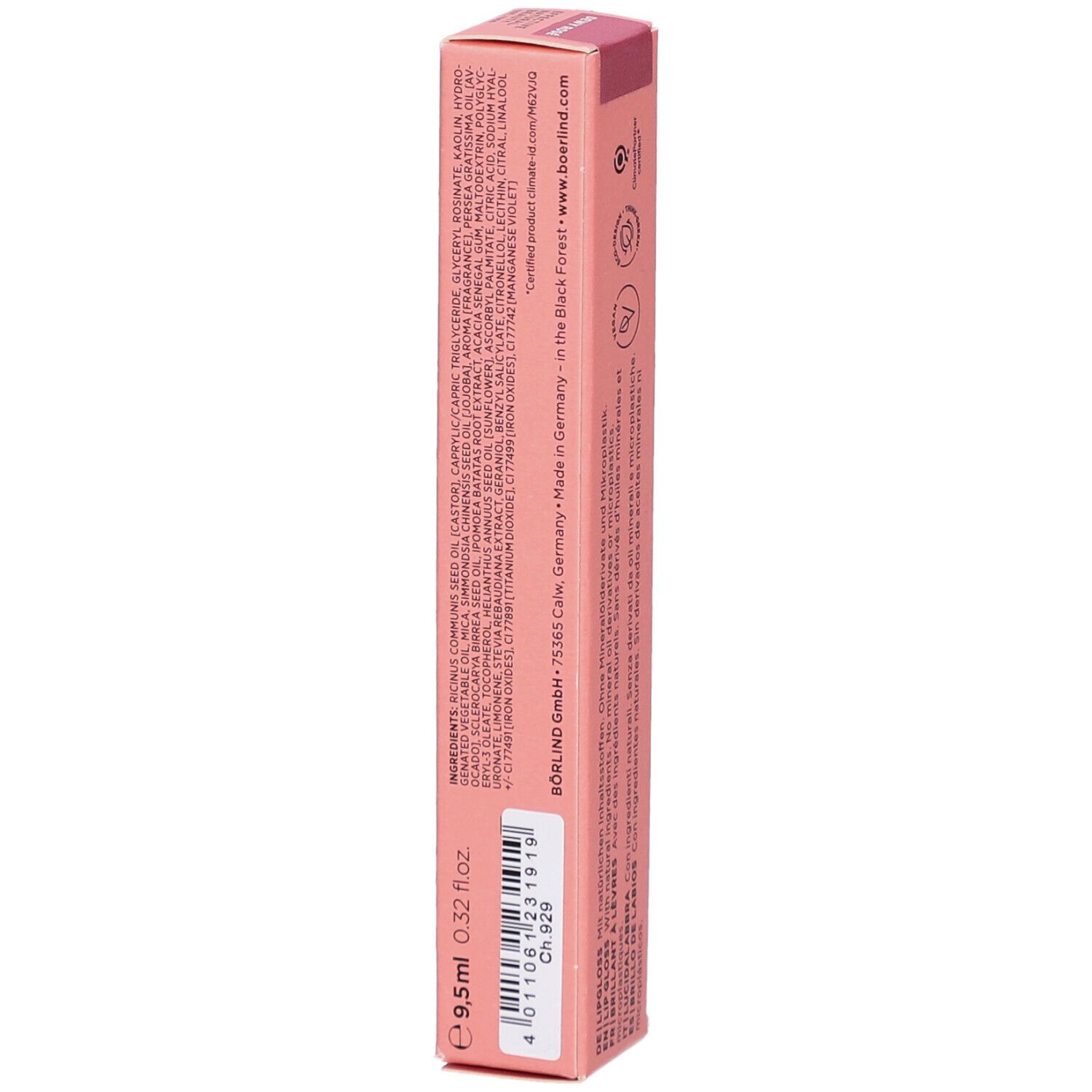 Emballage rose avec texte. Contient des ingrédients. Fabriqué en Allemagne. 9,5 ml.
