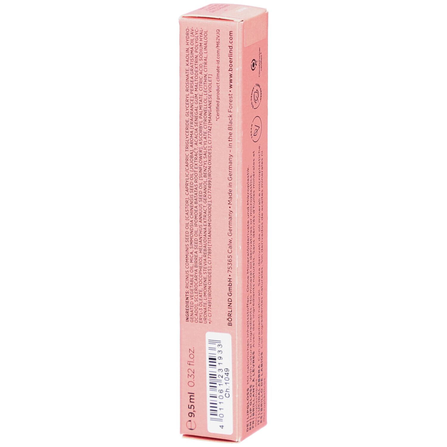 Emballage rose de Lipgloss ANNEMARIE BÖRLIND. Texte: Ingrédients, 9,5 ml, fabriqué en Allemagne.